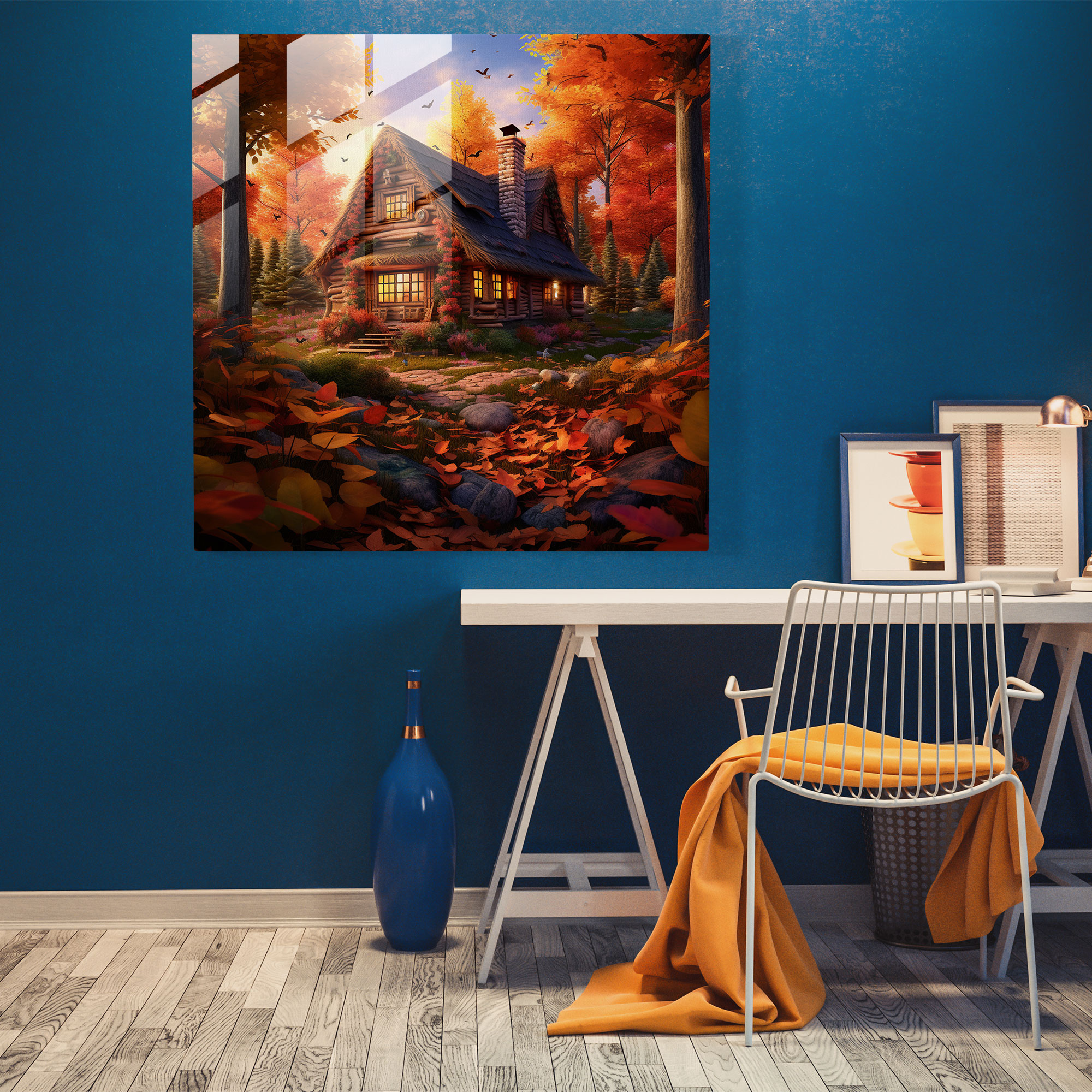 Rustic Log Cabin Glass Print - Rustic, Autumn Leaves, Modern Art, Glass Wall Art