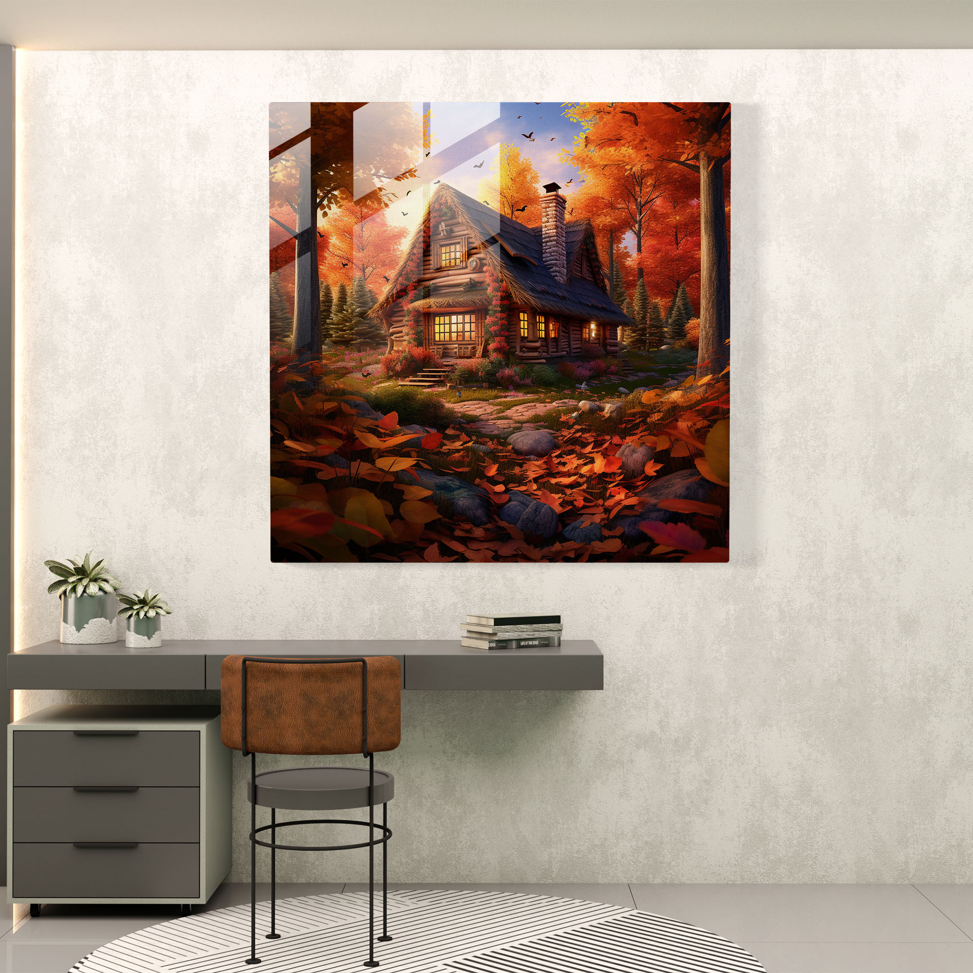 Rustic Log Cabin Glass Print - Rustic, Autumn Leaves, Modern Art, Glass Wall Art