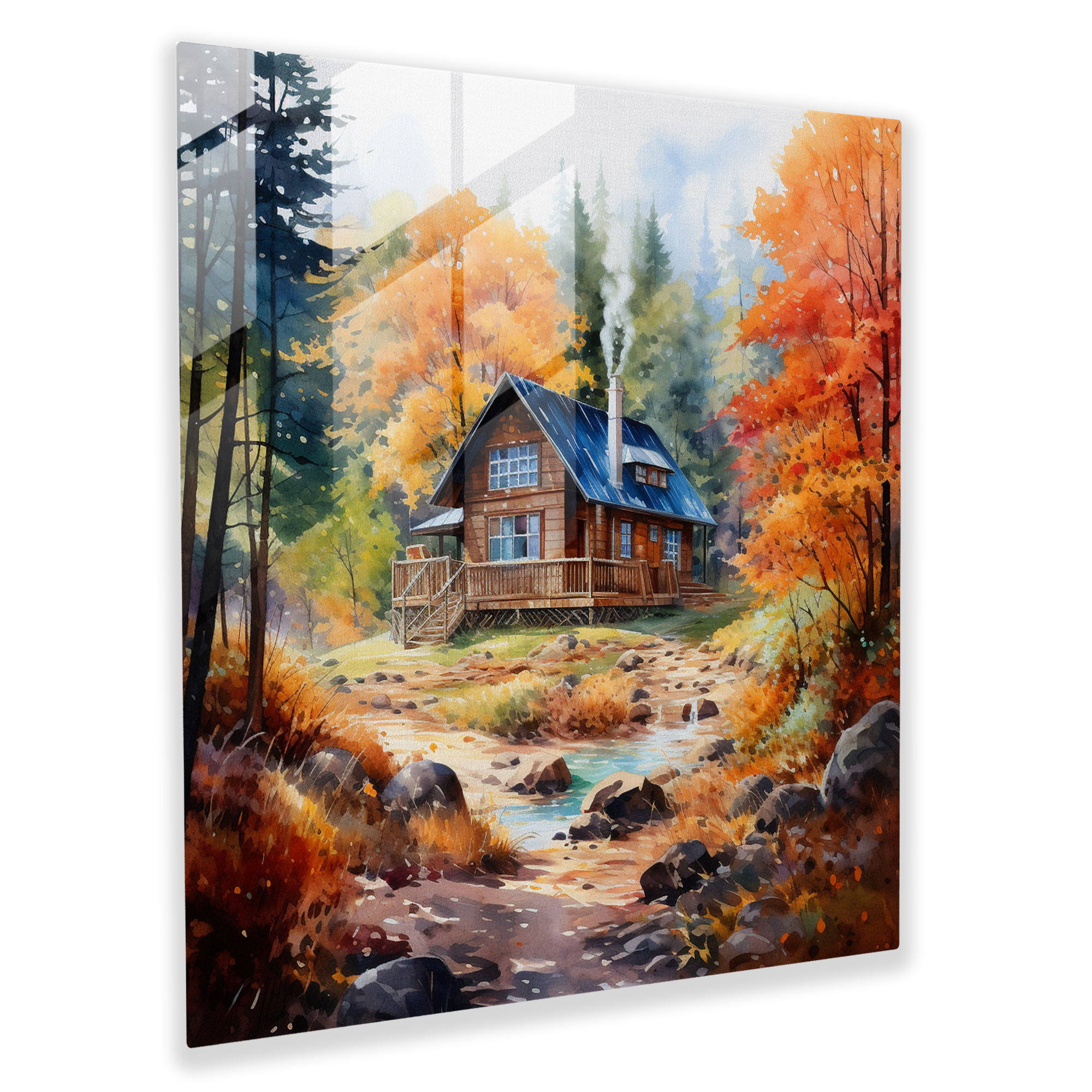 Rustic Watercolor Glass Print - Cozy Cabin In The Woods - Rustic, Rustic, Glass Art, Nature