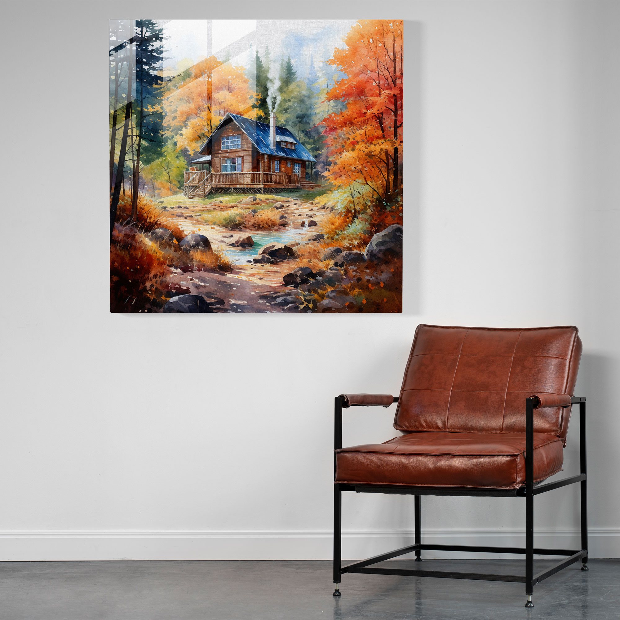 Rustic Watercolor Glass Print - Cozy Cabin In The Woods - Rustic, Rustic, Glass Art, Nature