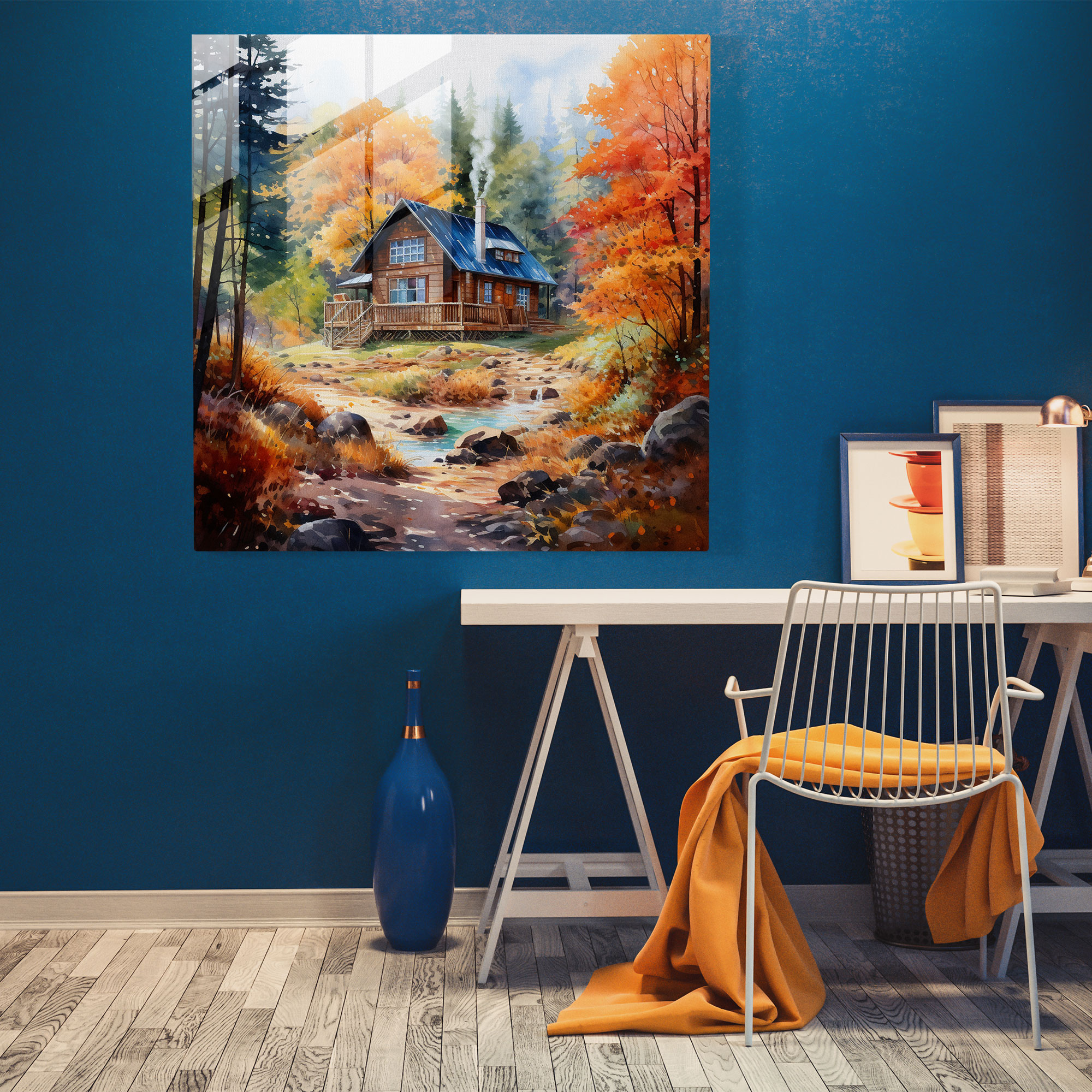 Rustic Watercolor Glass Print - Cozy Cabin In The Woods - Rustic, Rustic, Glass Art, Nature