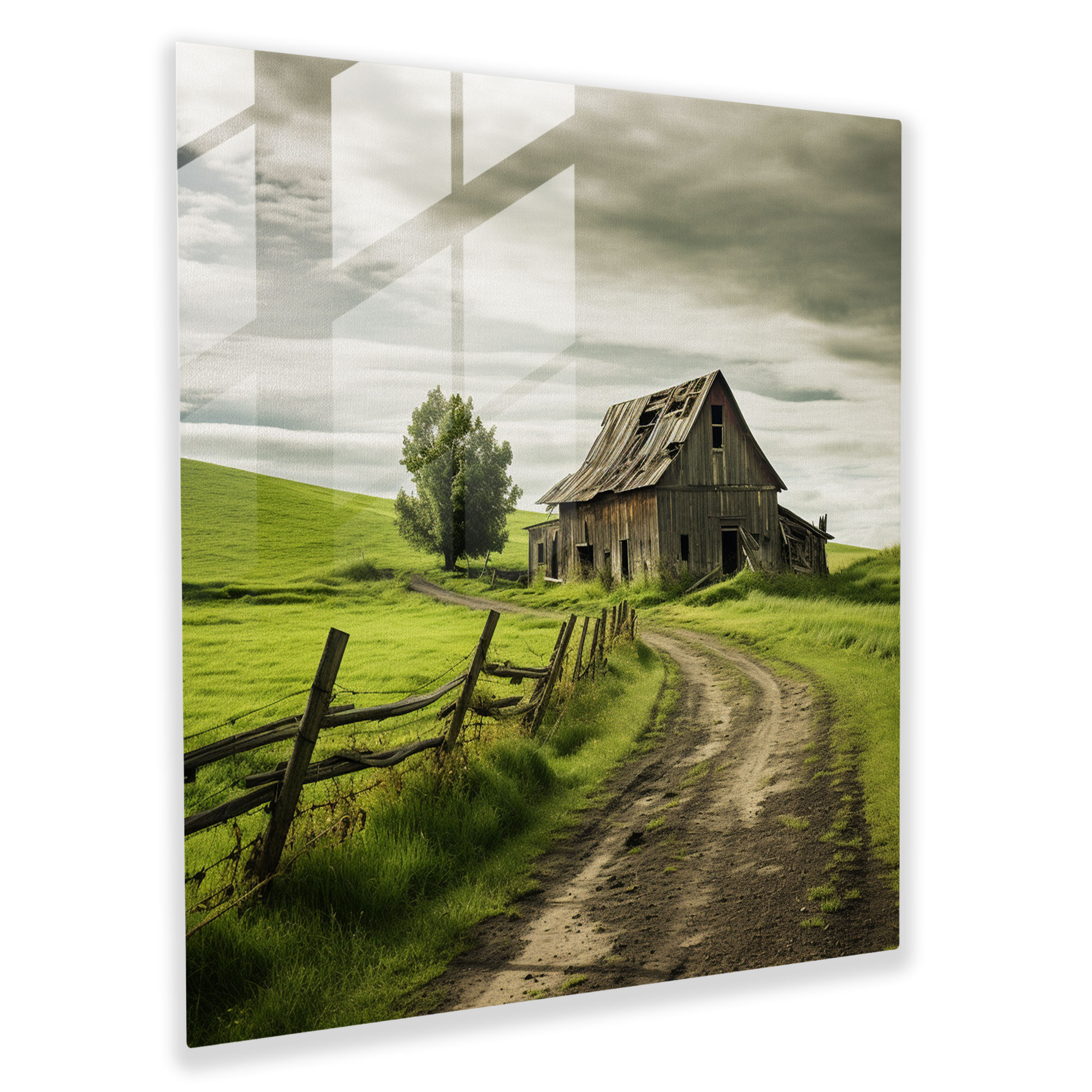 Rustic Barn Glass Print - Rolling Green Countryside - Rustic, Wall Decoration, Glass Art, Home Decoration