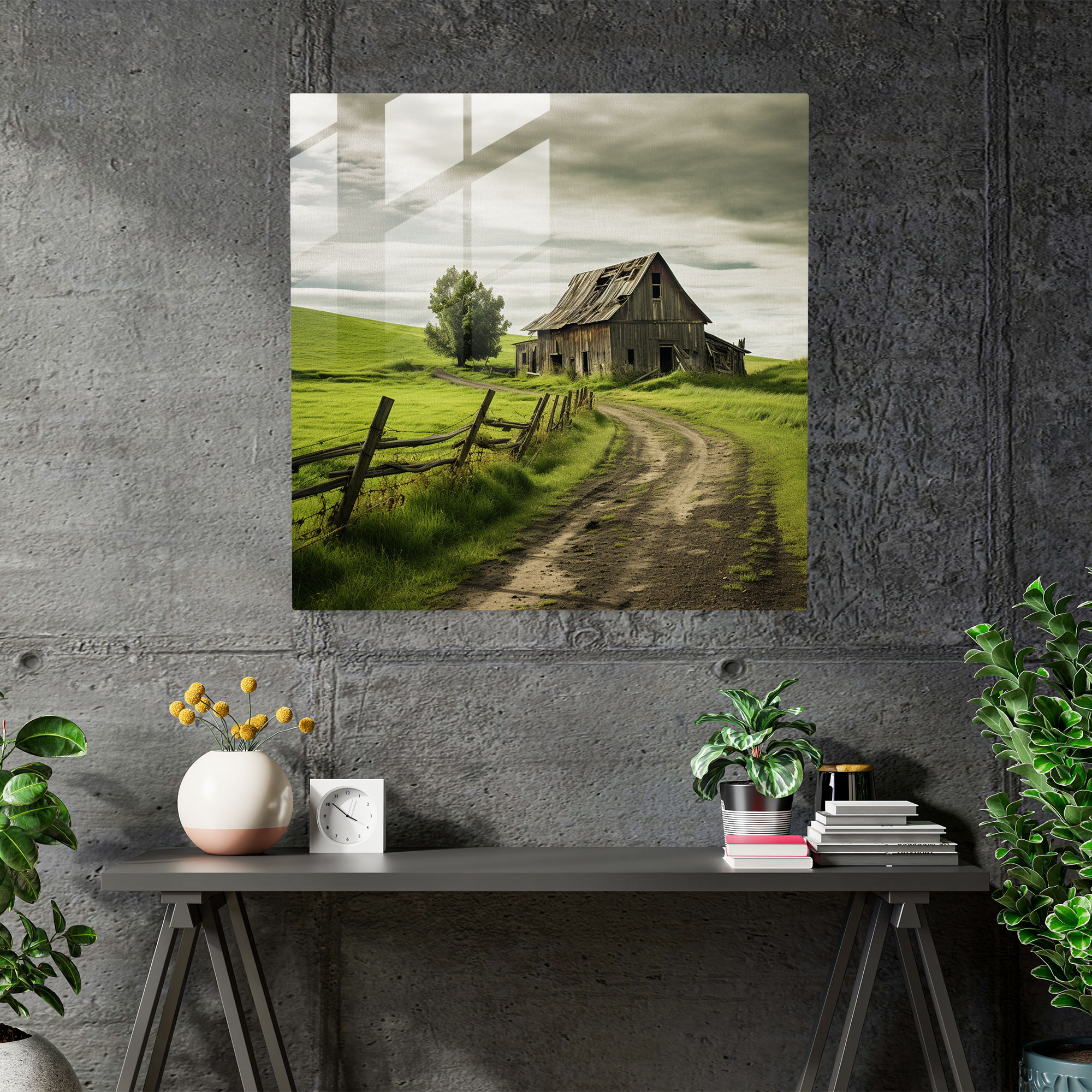 Rustic Barn Glass Print - Rolling Green Countryside - Rustic, Wall Decoration, Glass Art, Home Decoration