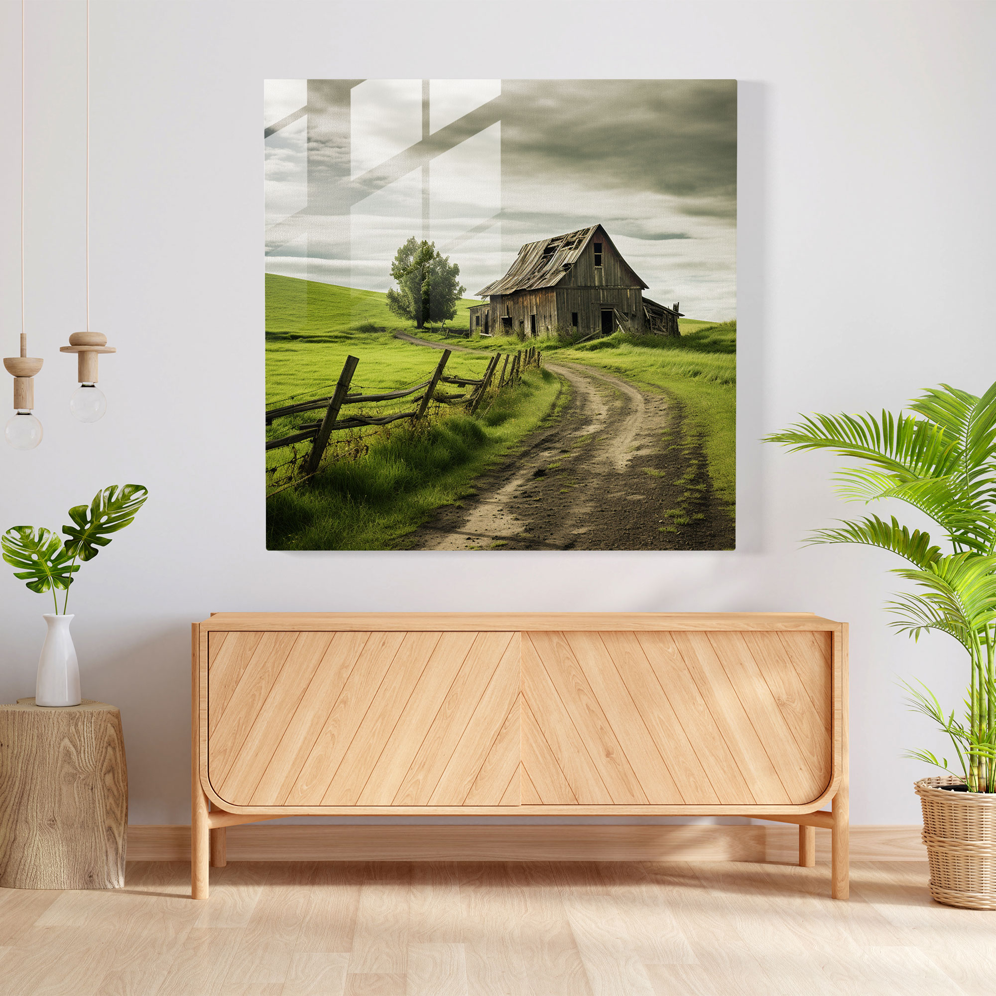 Rustic Barn Glass Print - Rolling Green Countryside - Rustic, Wall Decoration, Glass Art, Home Decoration