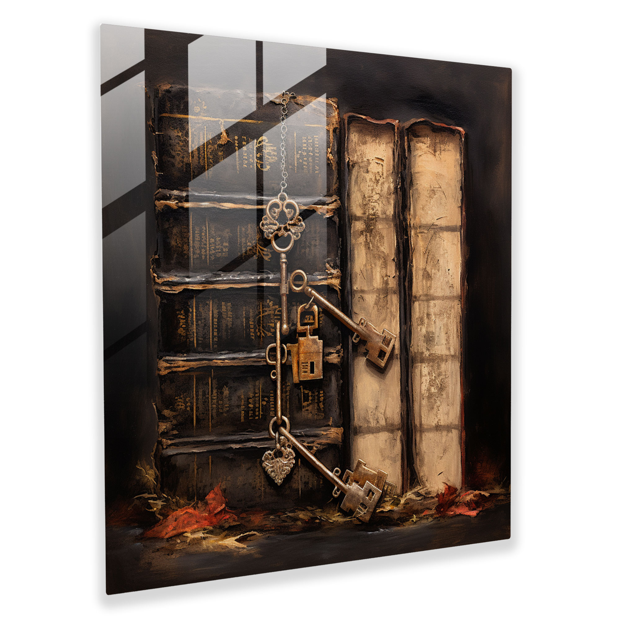 Rustic Mixed Media Glass Print - Antique Keys And Leather Bound Books - Rustic, Glass Wall Art, Wall Decoration, Antique Keys