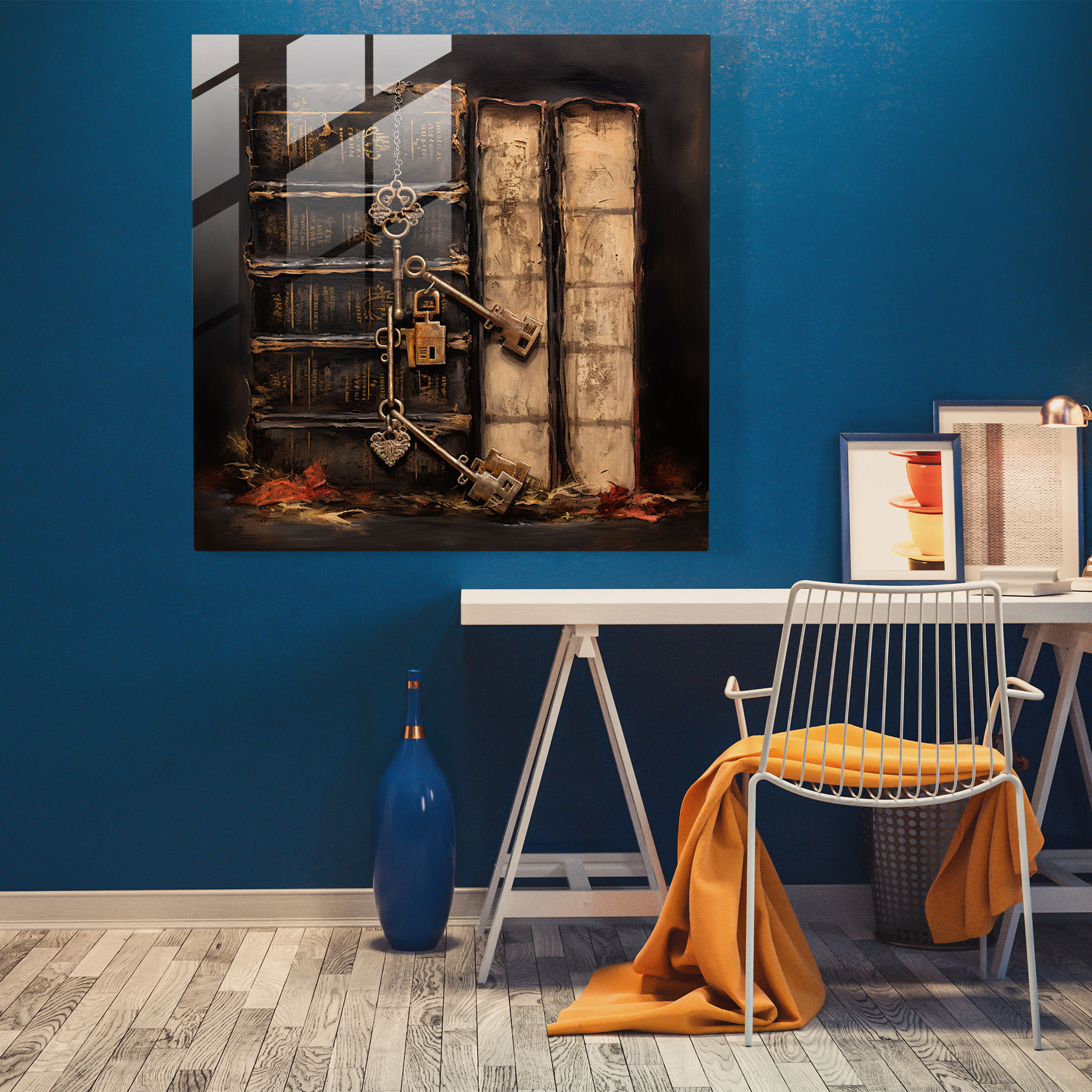 Rustic Mixed Media Glass Print - Antique Keys And Leather Bound Books - Rustic, Glass Wall Art, Wall Decoration, Antique Keys