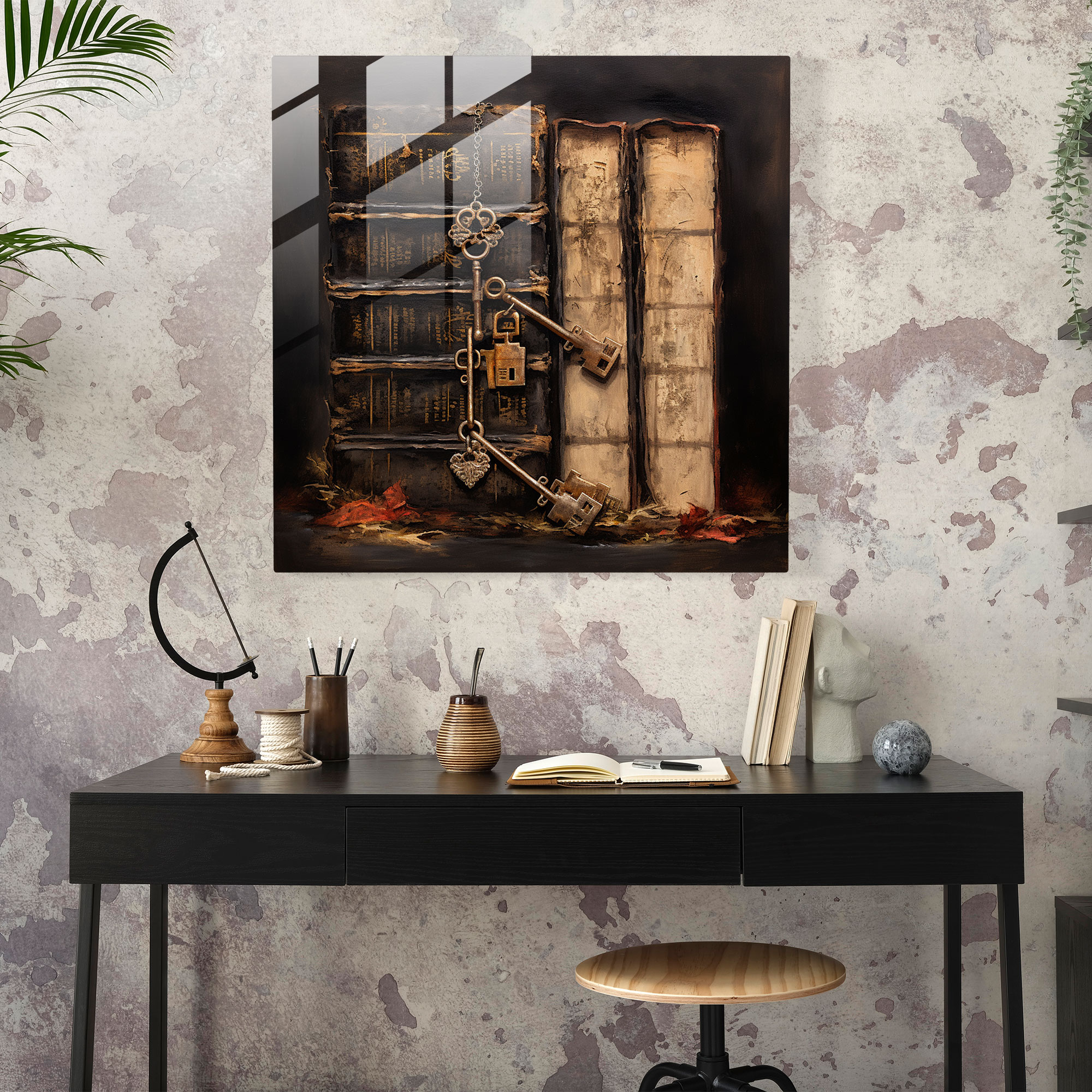 Rustic Mixed Media Glass Print - Antique Keys And Leather Bound Books - Rustic, Glass Wall Art, Wall Decoration, Antique Keys