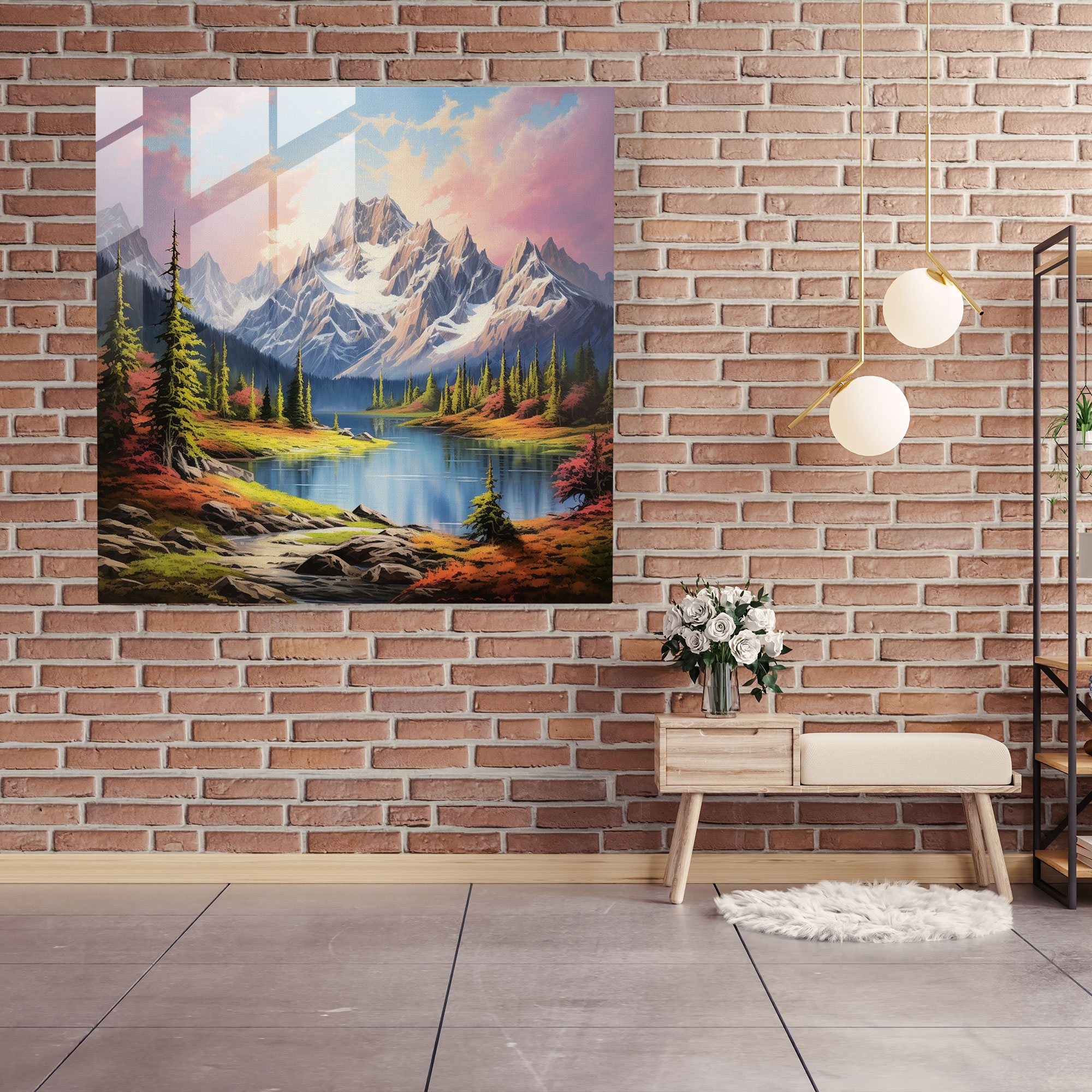 Rustic Landscape Glass Print - Serene Lake And Majestic Mountains - Rustic, Lake, Wall Decoration, Glass Wall Art