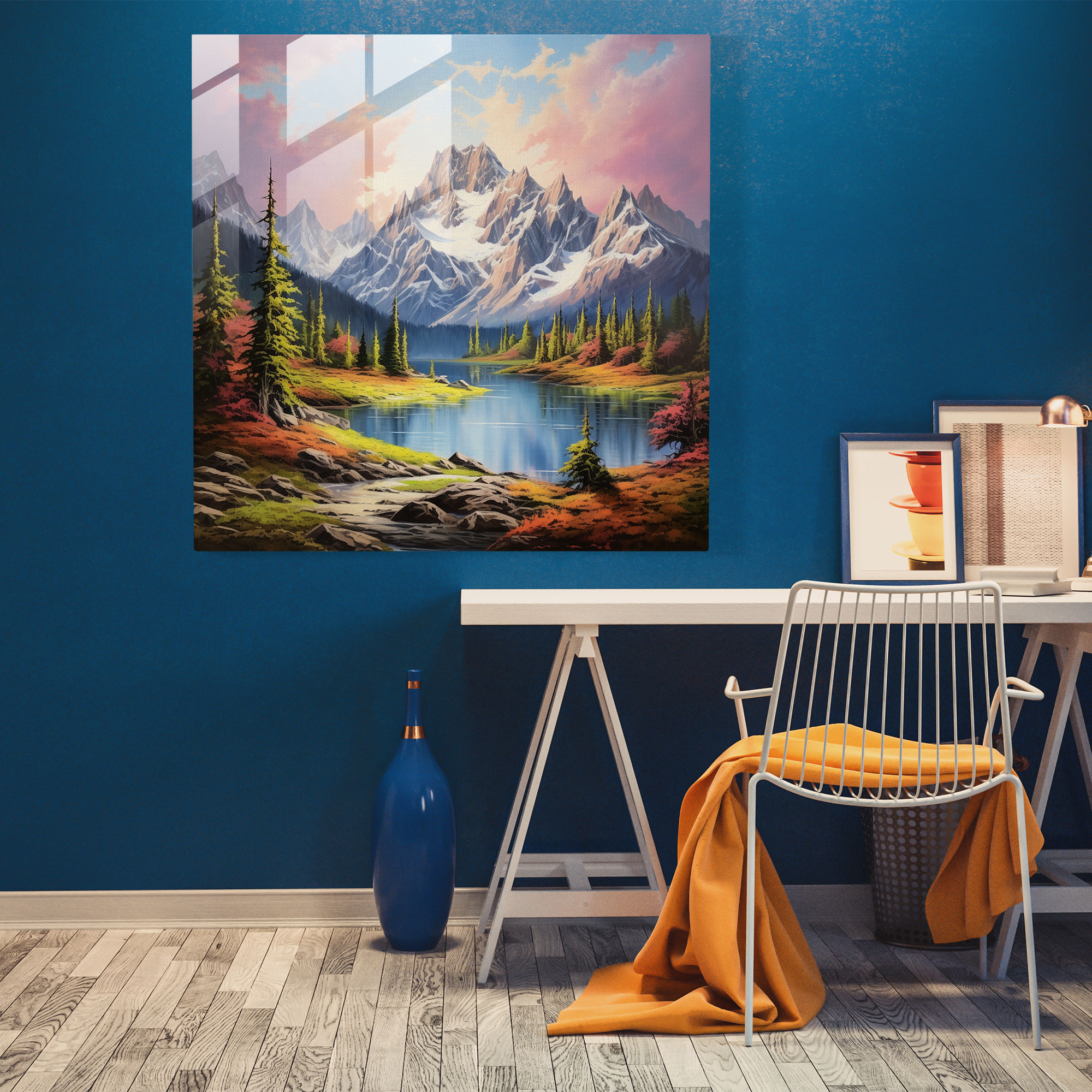 Rustic Landscape Glass Print - Serene Lake And Majestic Mountains - Rustic, Lake, Wall Decoration, Glass Wall Art