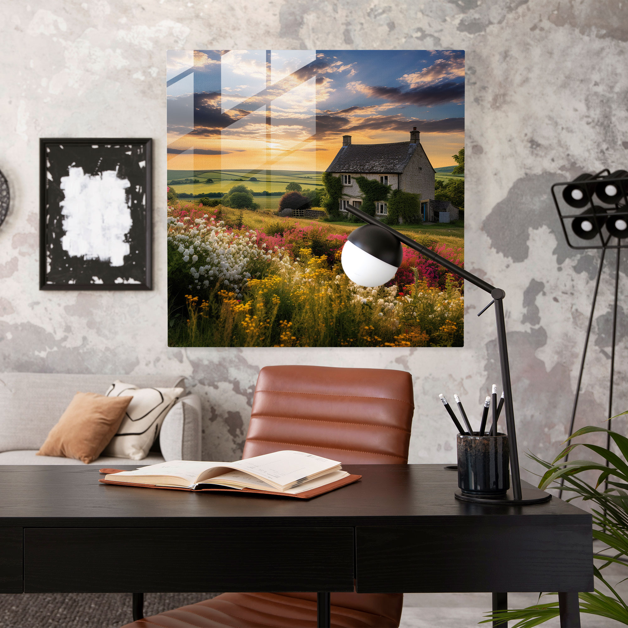 Rustik Kır Evi Cam Tablo - Çiçek Açan Yabani Çiçekler - Rustik Cam Tablo Duvar Dekorasyonu Fotoğraf