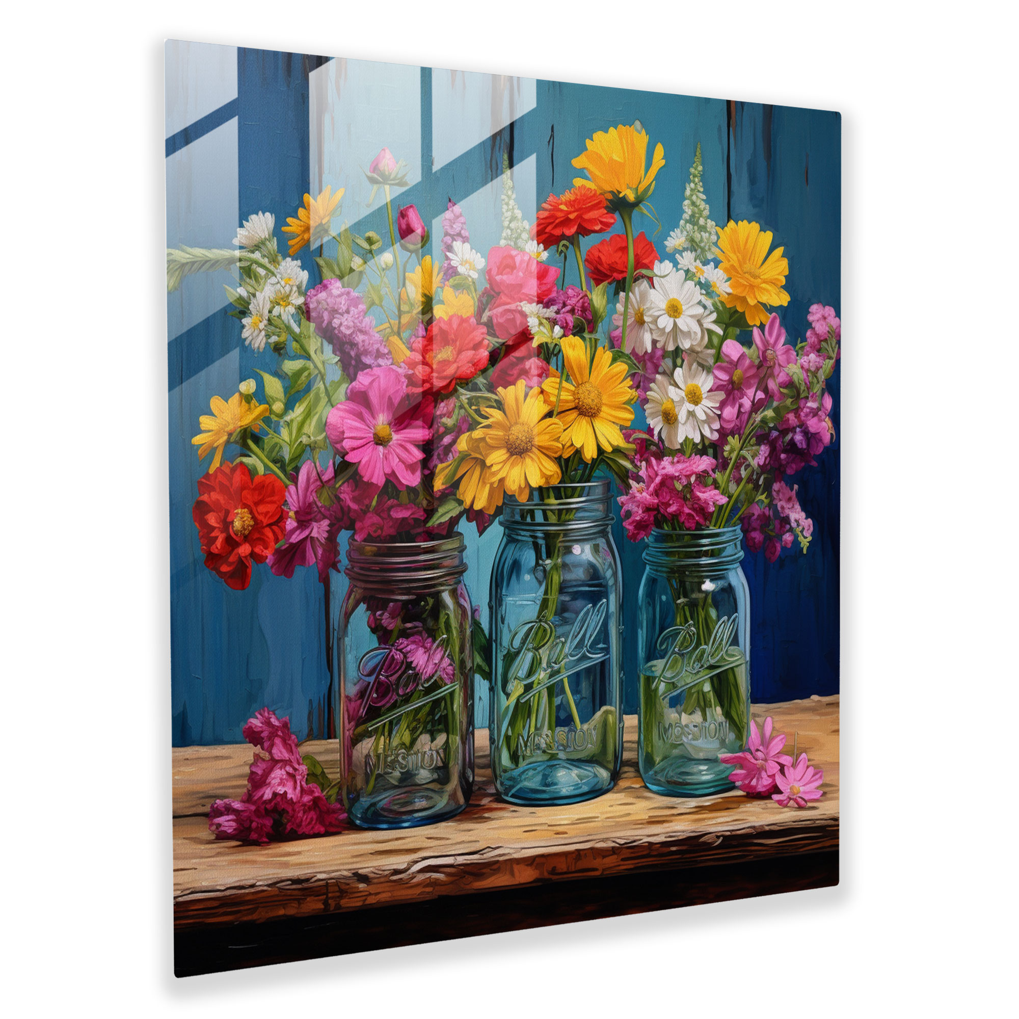 Rustic Still Life Glass Print - Vintage Mason Jars And Wildflowers - Rustic, Modern Art, Home Decoration, Mason Jars