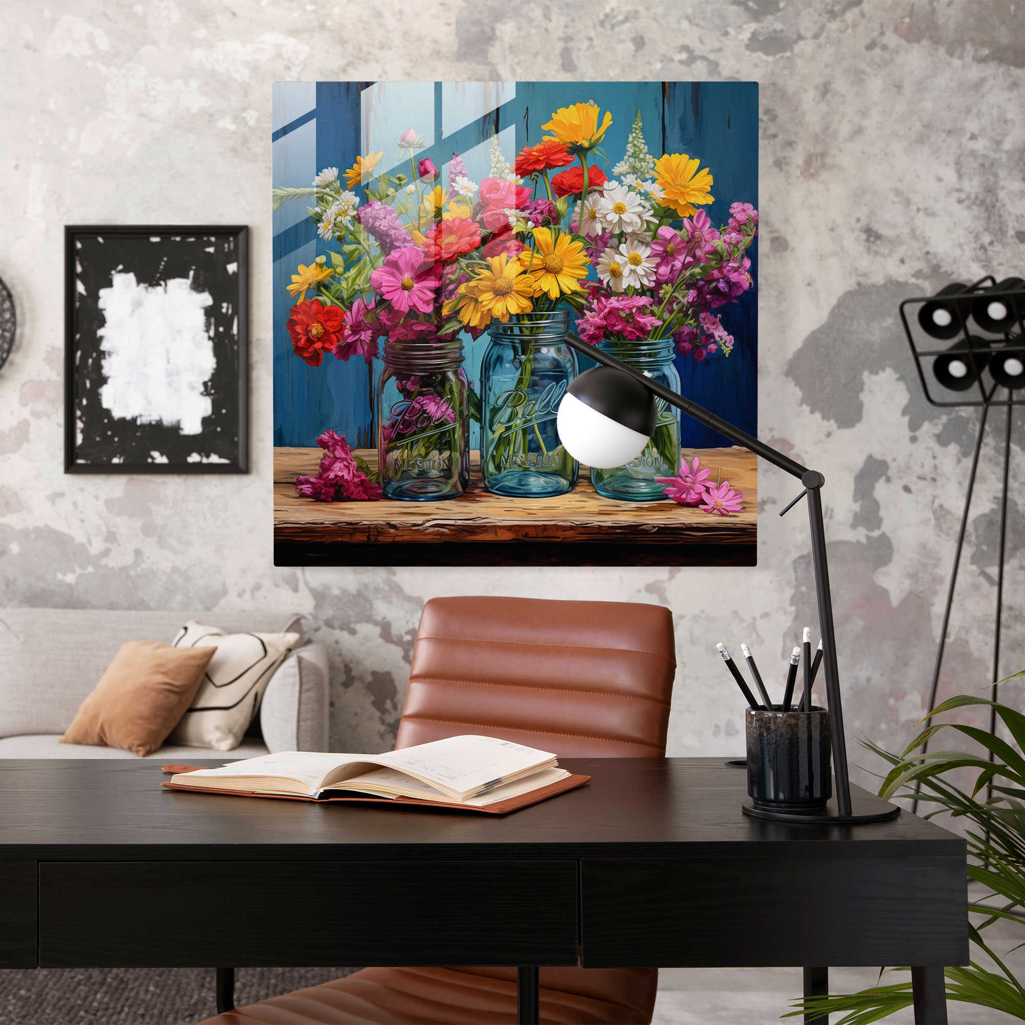 Rustic Still Life Glass Print - Vintage Mason Jars And Wildflowers - Rustic, Modern Art, Home Decoration, Mason Jars