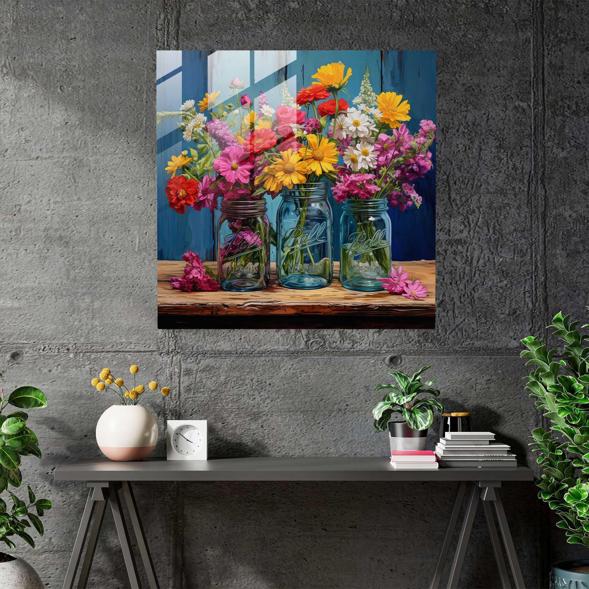 Rustic Still Life Glass Print - Vintage Mason Jars And Wildflowers - Rustic, Modern Art, Home Decoration, Mason Jars