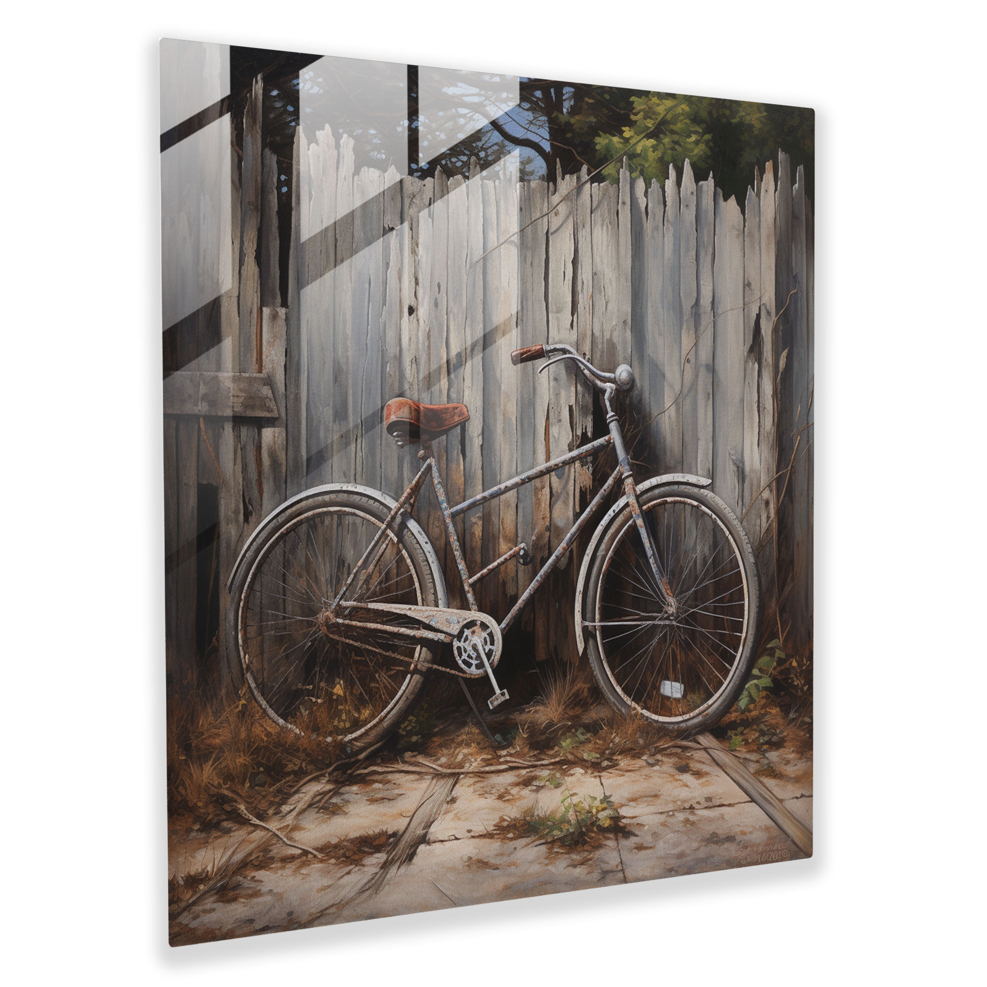 Rustic Bicycle Glass Print - Vintage Bicycle And Weathered Fence - Rustic, Weathered Fence, Glass Art, Vintage