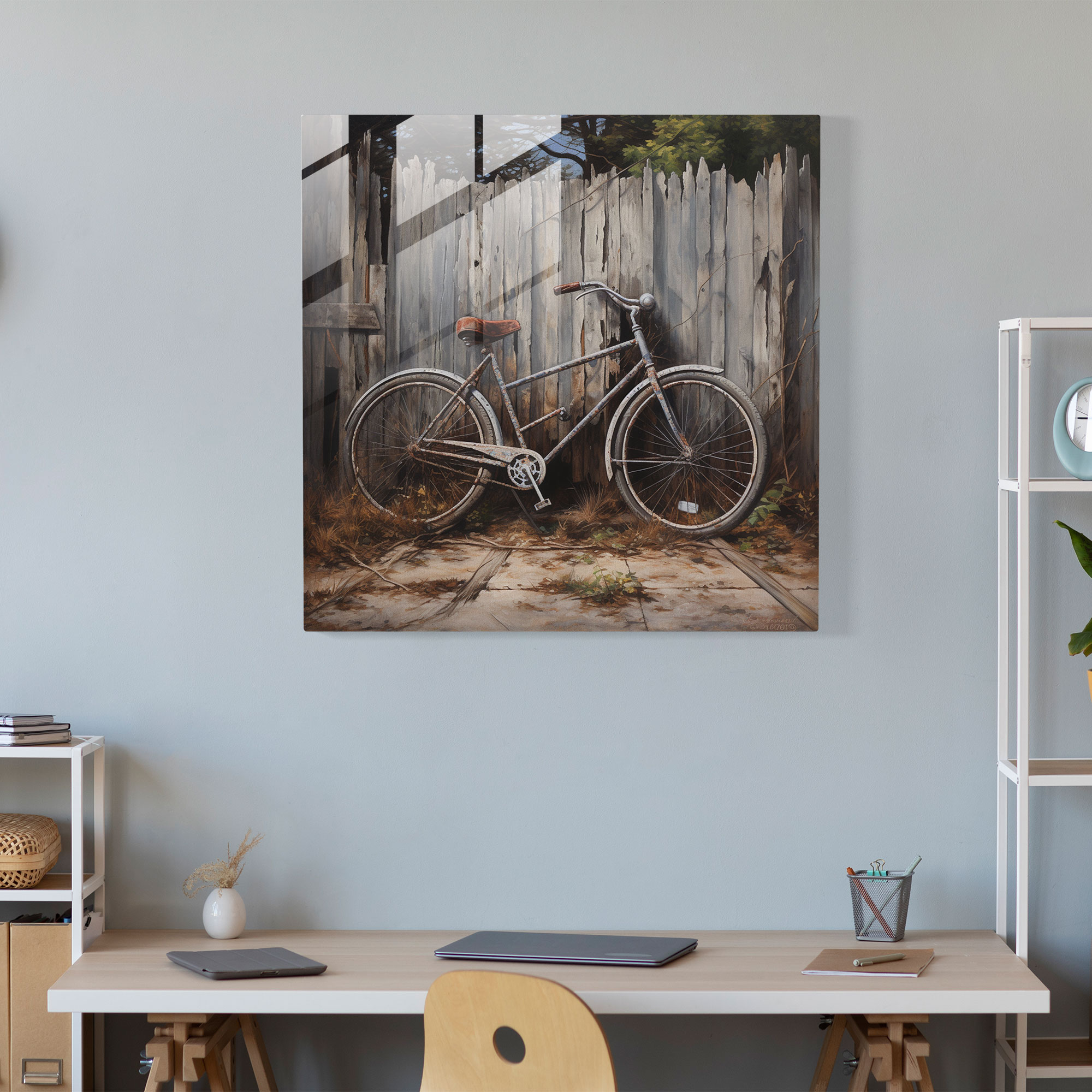 Rustic Bicycle Glass Print - Vintage Bicycle And Weathered Fence - Rustic, Weathered Fence, Glass Art, Vintage