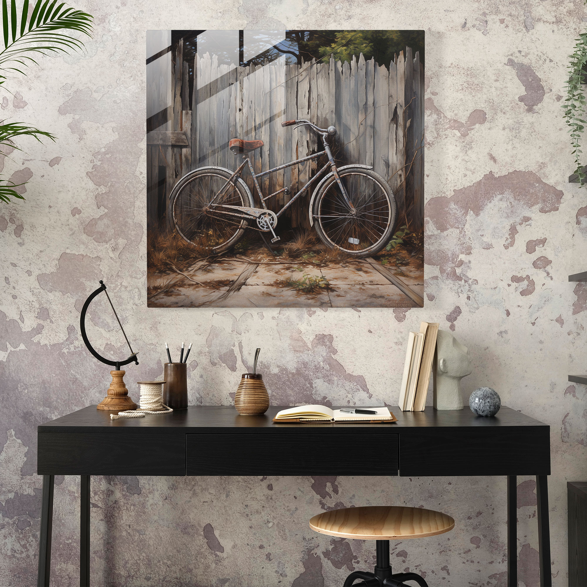 Rustic Bicycle Glass Print - Vintage Bicycle And Weathered Fence - Rustic, Weathered Fence, Glass Art, Vintage