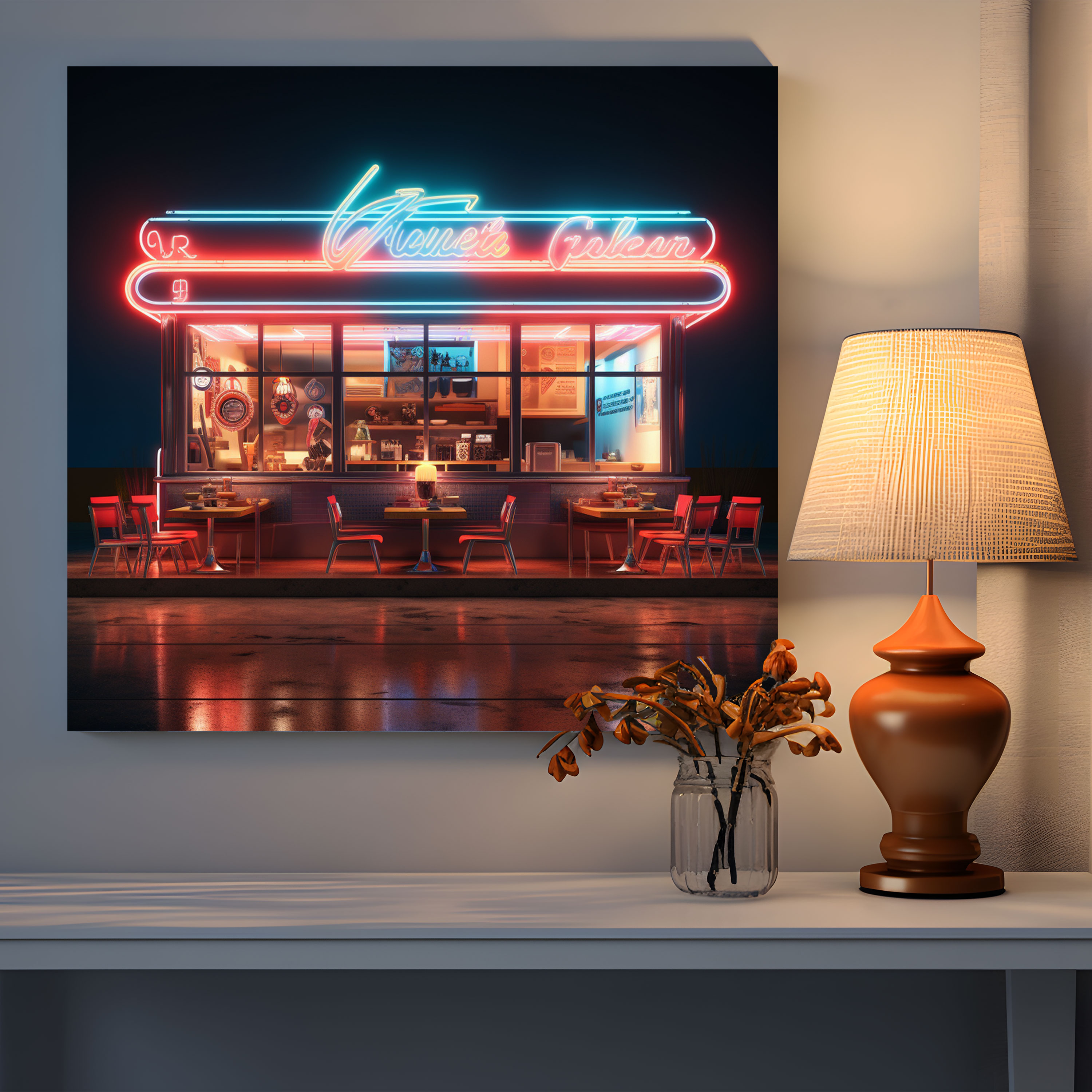 Retro Neon Sign Canvas Print - Retro, Vibrant Atmosphere, 1950S Diner, Canvas
