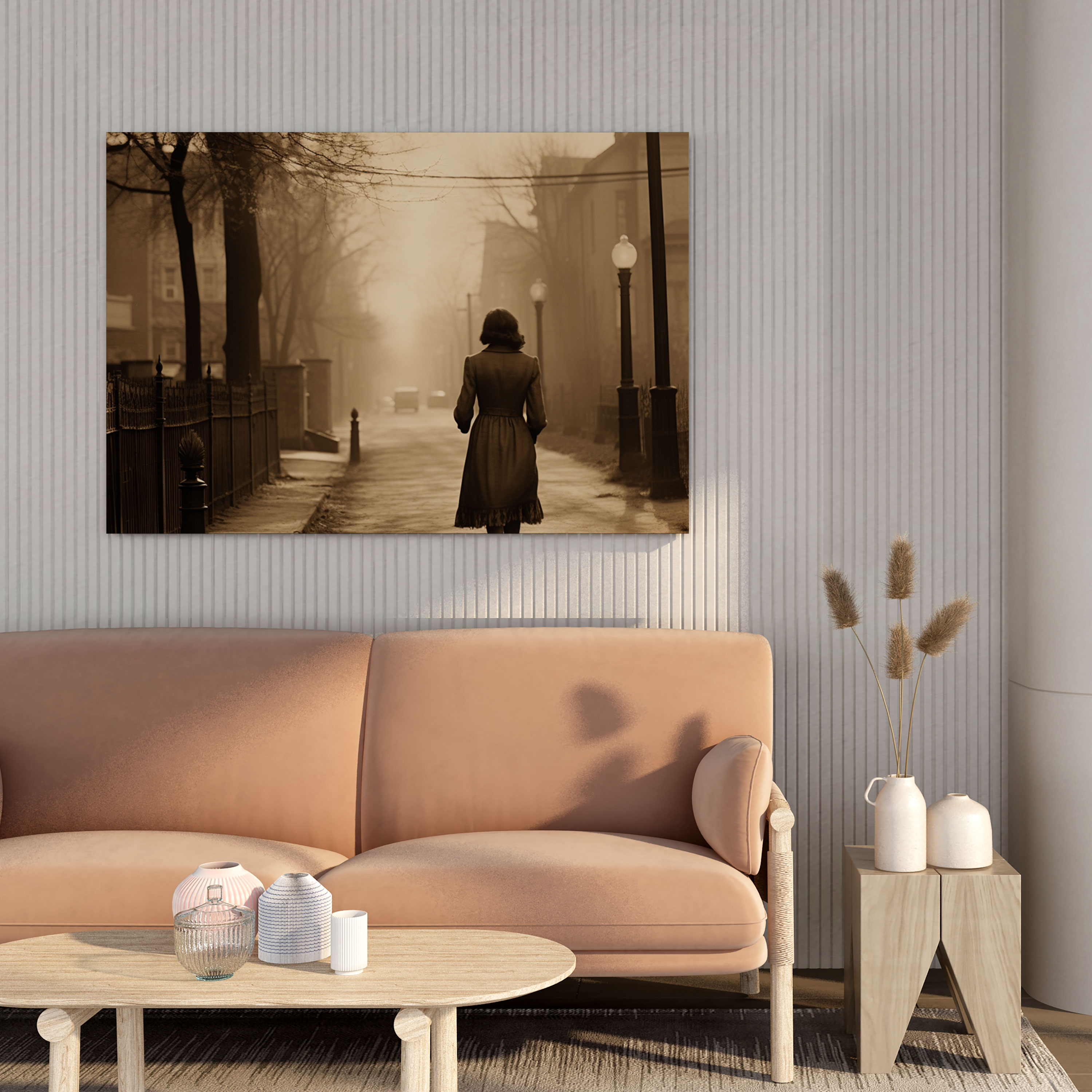 Retro Canvas Print: Woman Walking Down A Street - Retro, Sepia, Wall Art, Retro