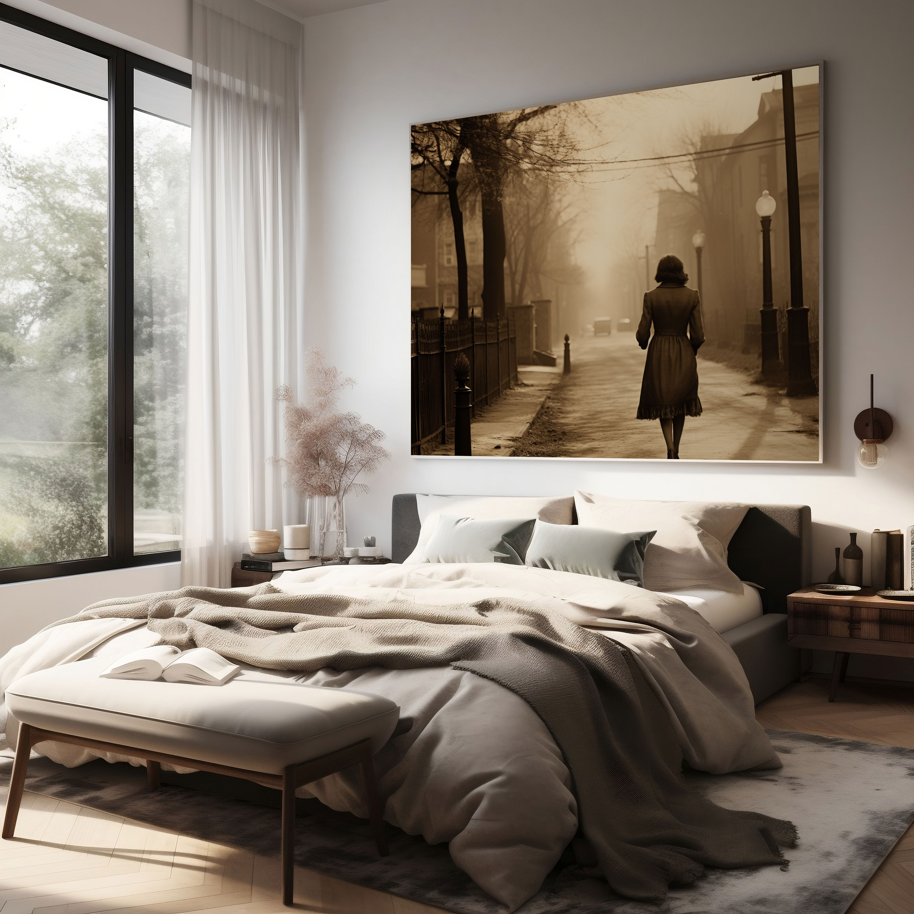 Retro Canvas Print: Woman Walking Down A Street - Retro, Sepia, Wall Art, Retro
