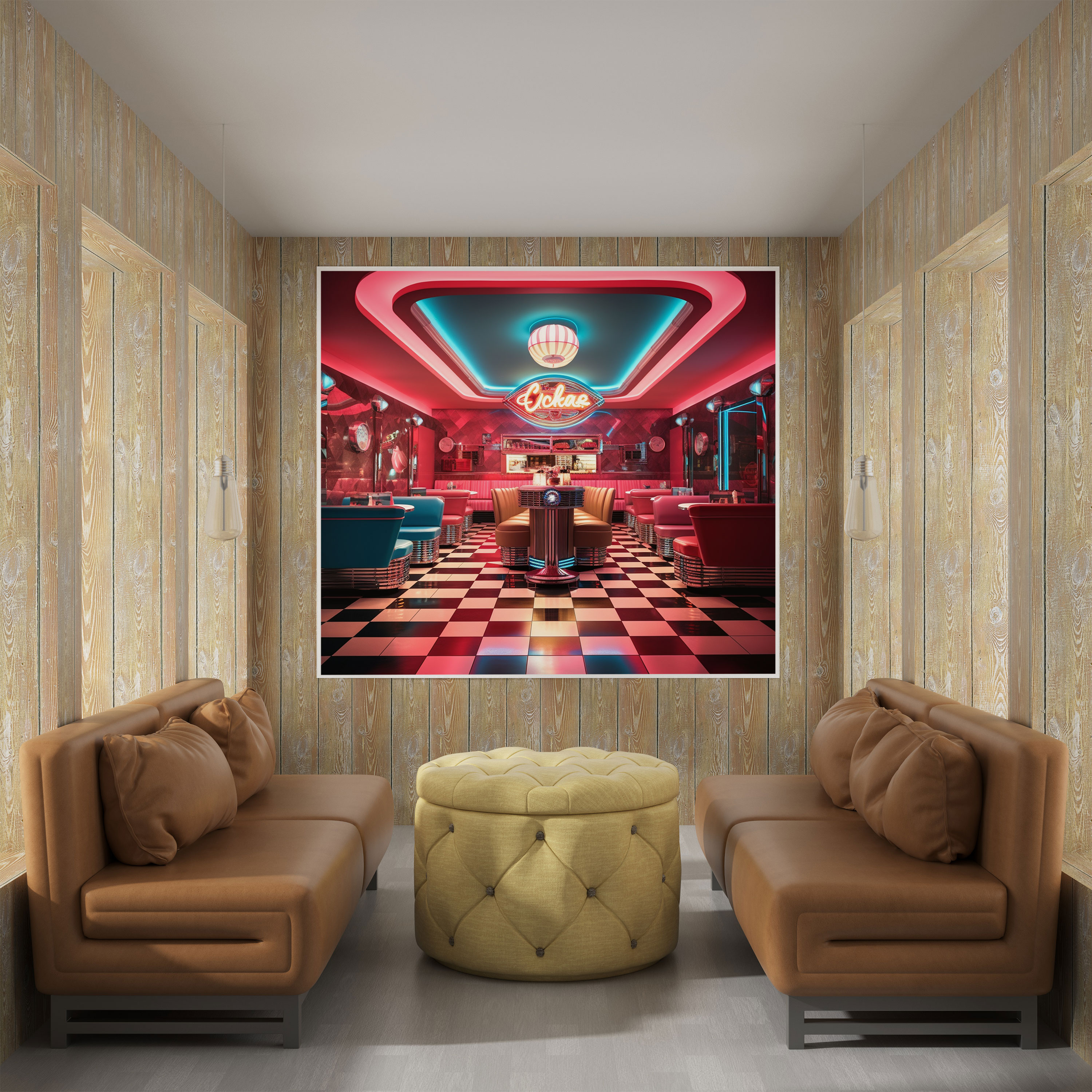 Retro Neon Sign Canvas Print - Retro, Wall Art, Checkered Floors, Canvas Wall Art