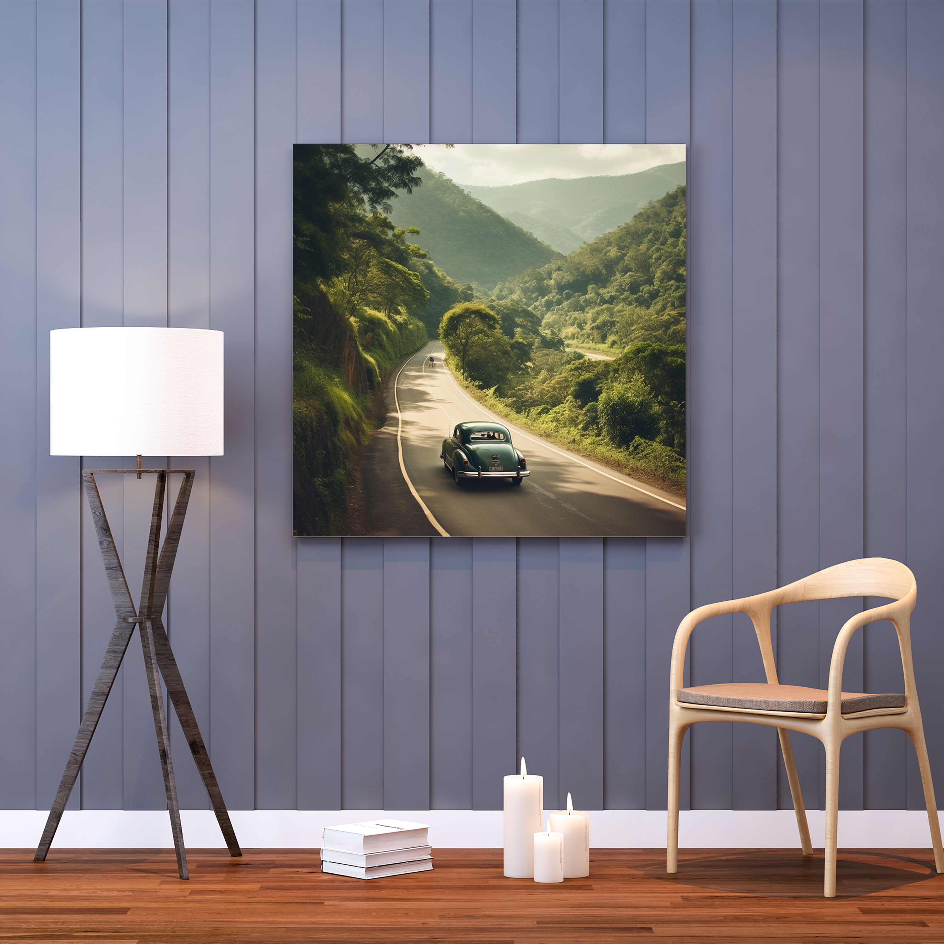 Vintage Car Canvas Print - Retro, Winding Road, Home Decoration, Canvas Wall Art