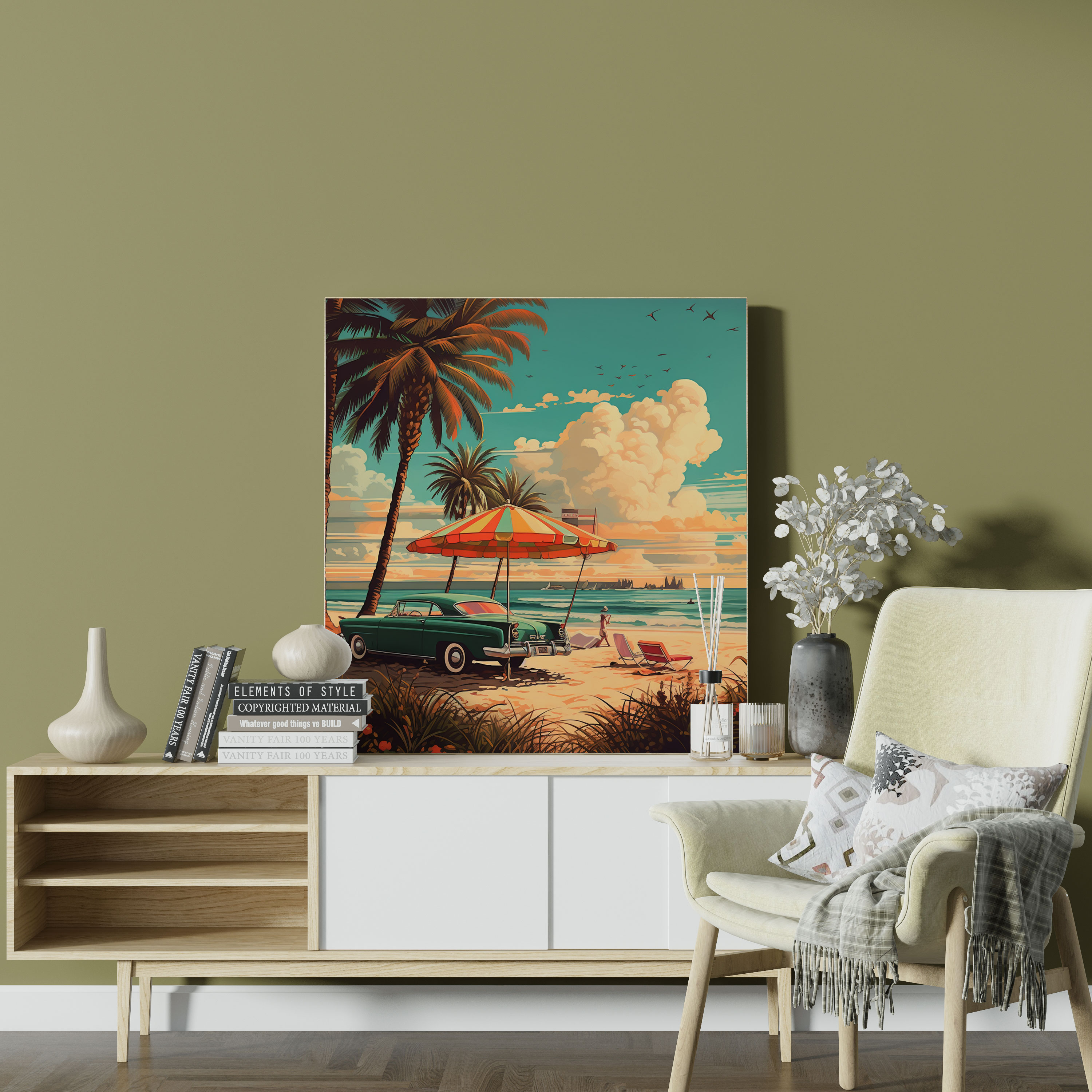 Retro Beach Scene Canvas Print - Retro, Canvas, Retro, Home Decoration