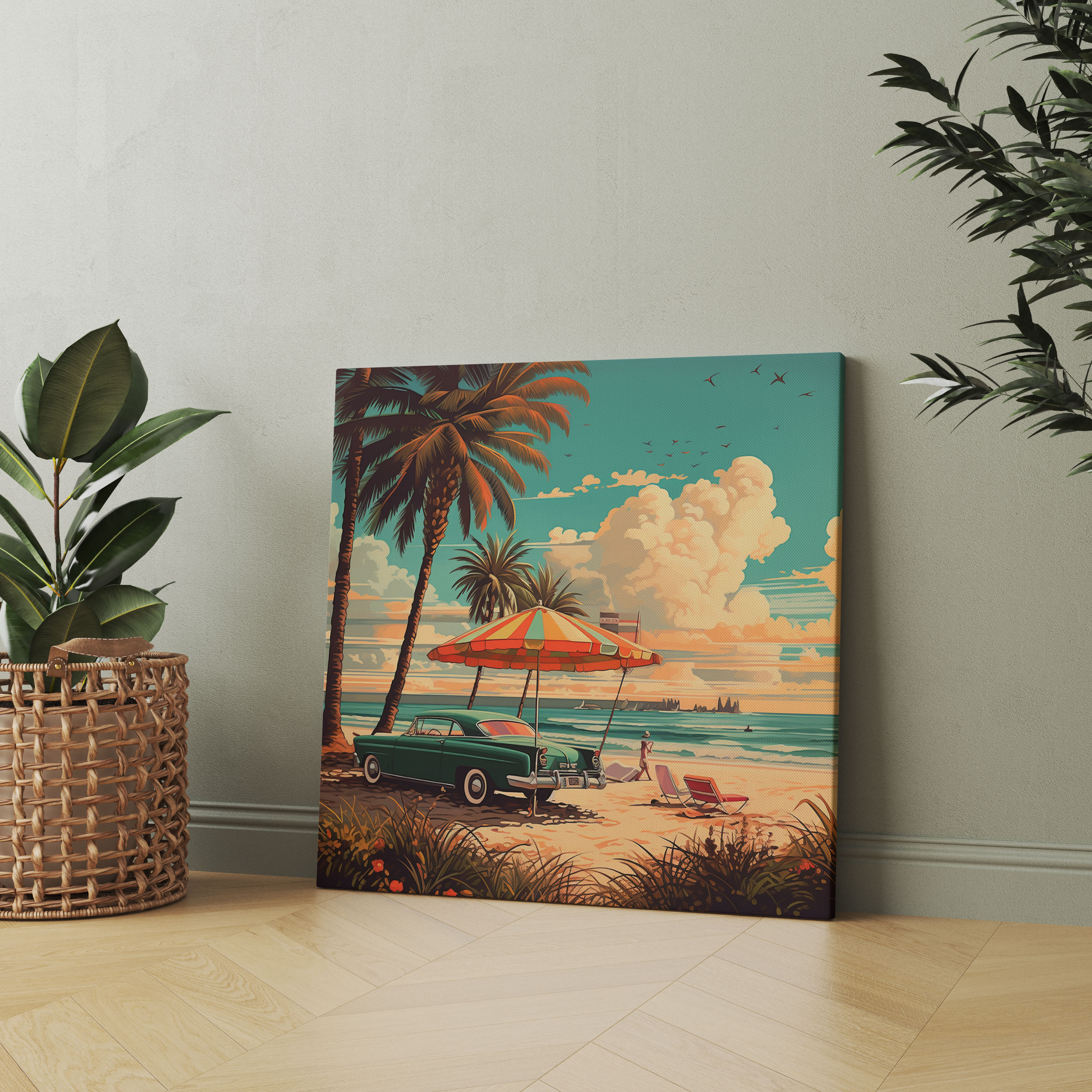 Retro Beach Scene Canvas Print - Retro, Canvas, Retro, Home Decoration