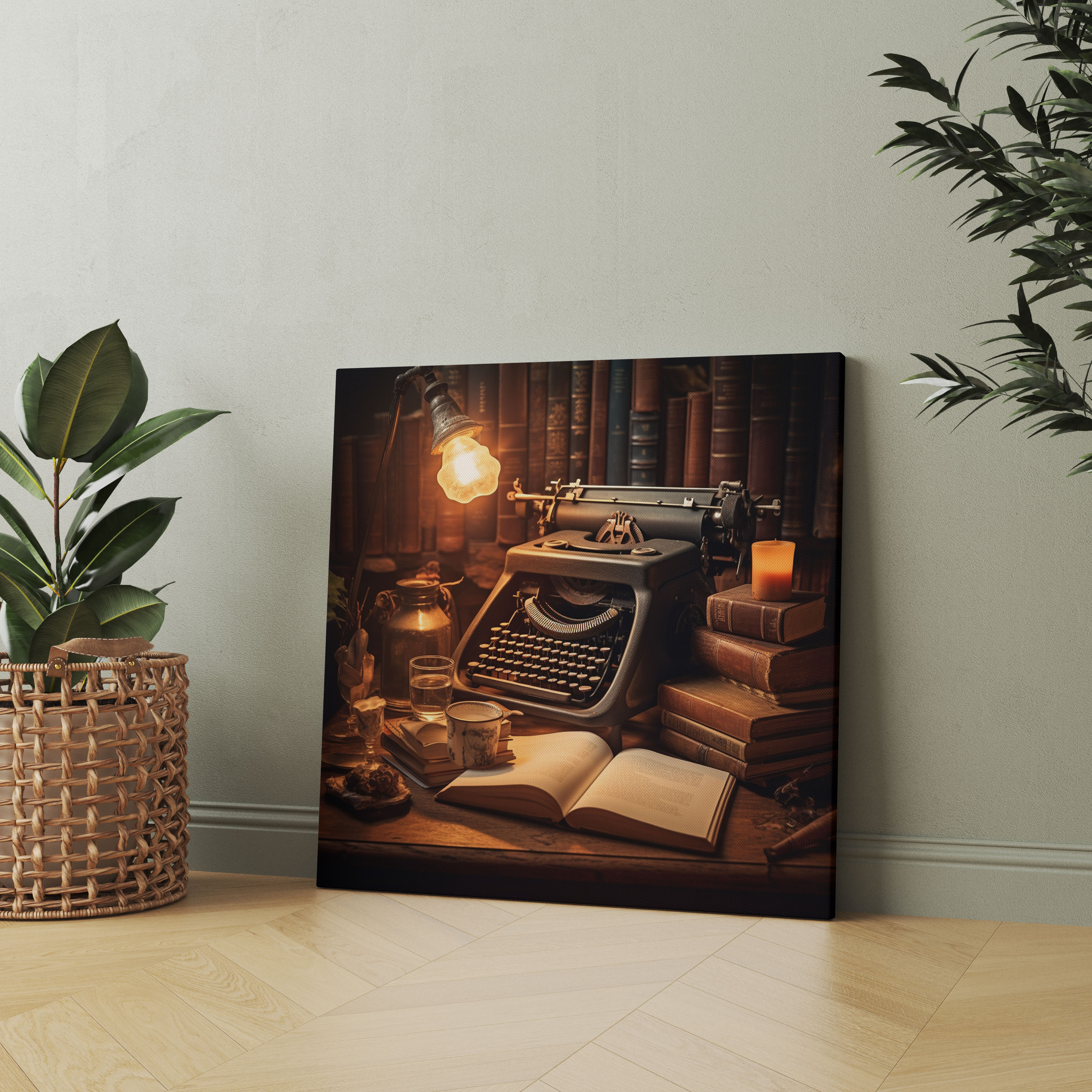 Leinwandbild Vintage Schreibmaschine - Retro Holzschreibtisch Leinwand Wandkunst