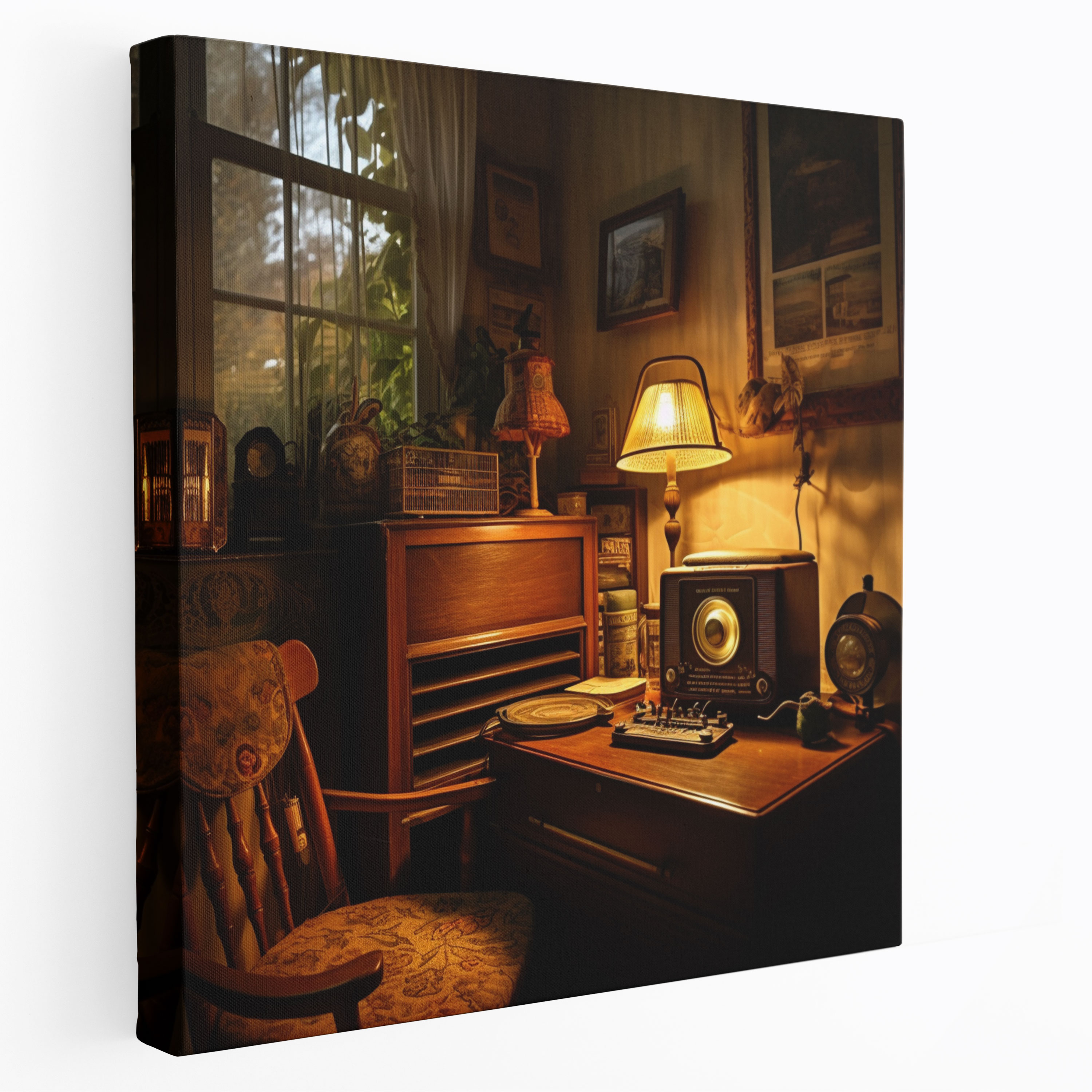 Vintage Radio Study Canvas Print - Retro, Antique Furniture, Retro, Cozy Study Room