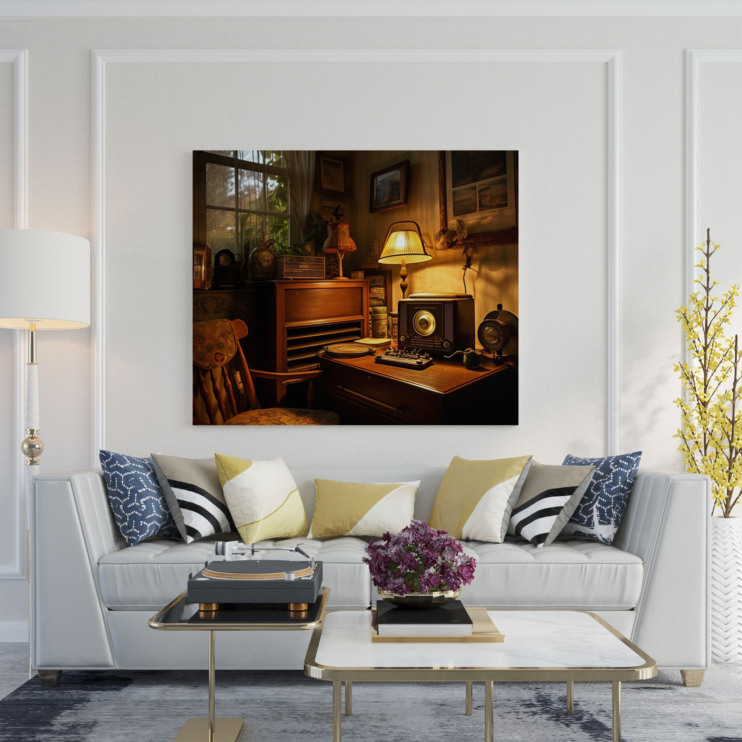 Vintage Radio Study Canvas Print - Retro, Antique Furniture, Retro, Cozy Study Room