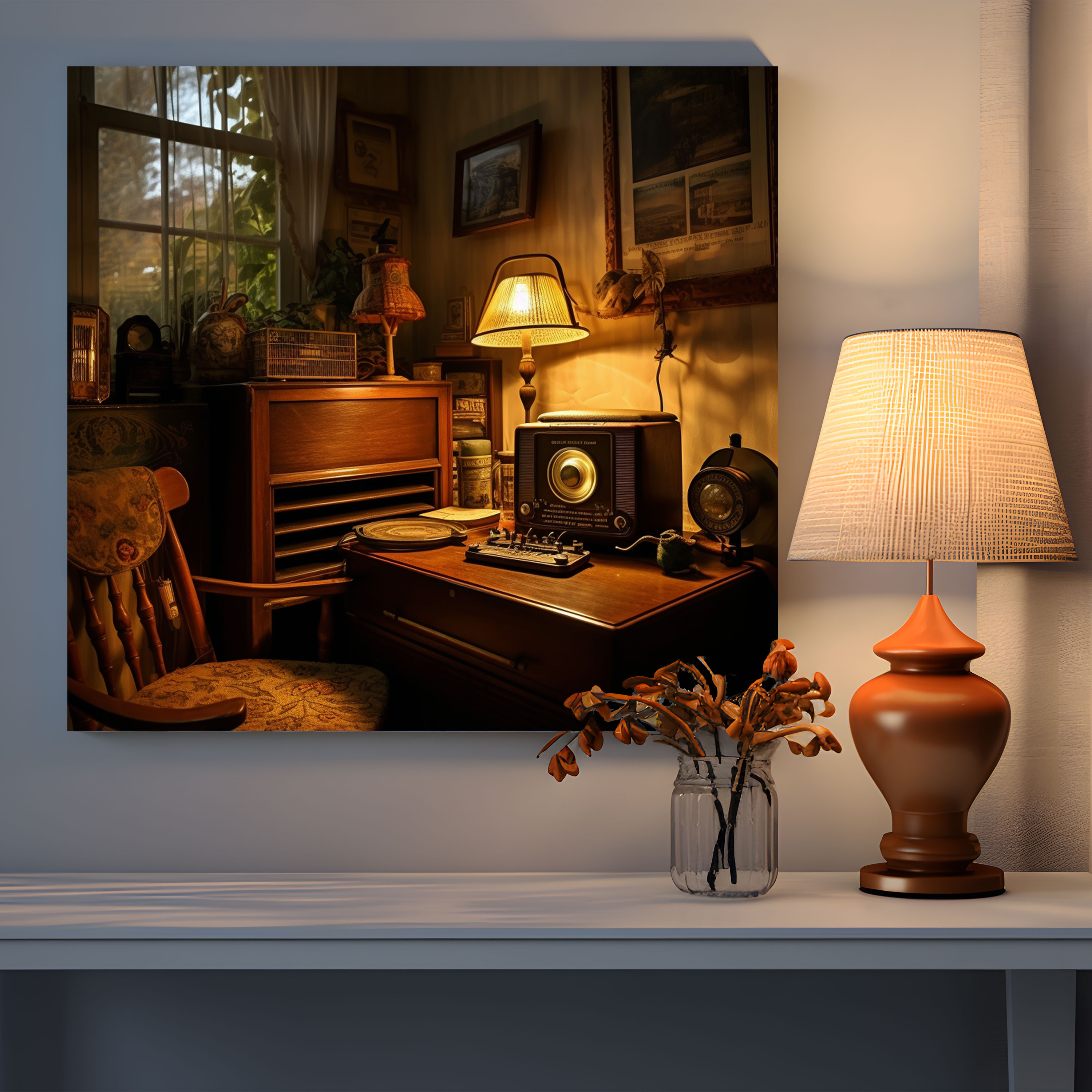 Vintage Radio Study Canvas Print - Retro, Antique Furniture, Retro, Cozy Study Room