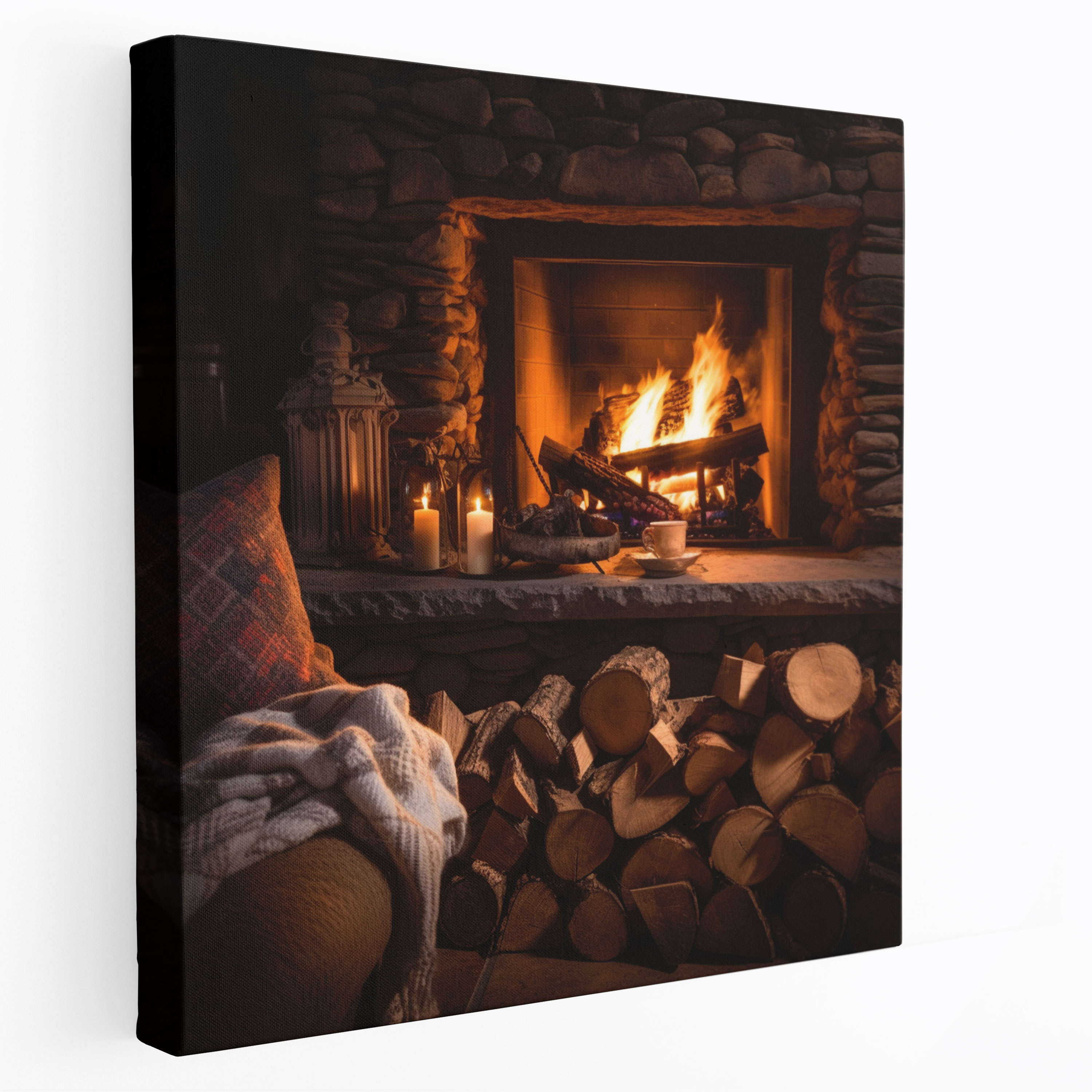 Rustic Fireplace Wall Decoration - Rustic, Cozy Blankets, Stacked Logs, Fireplace