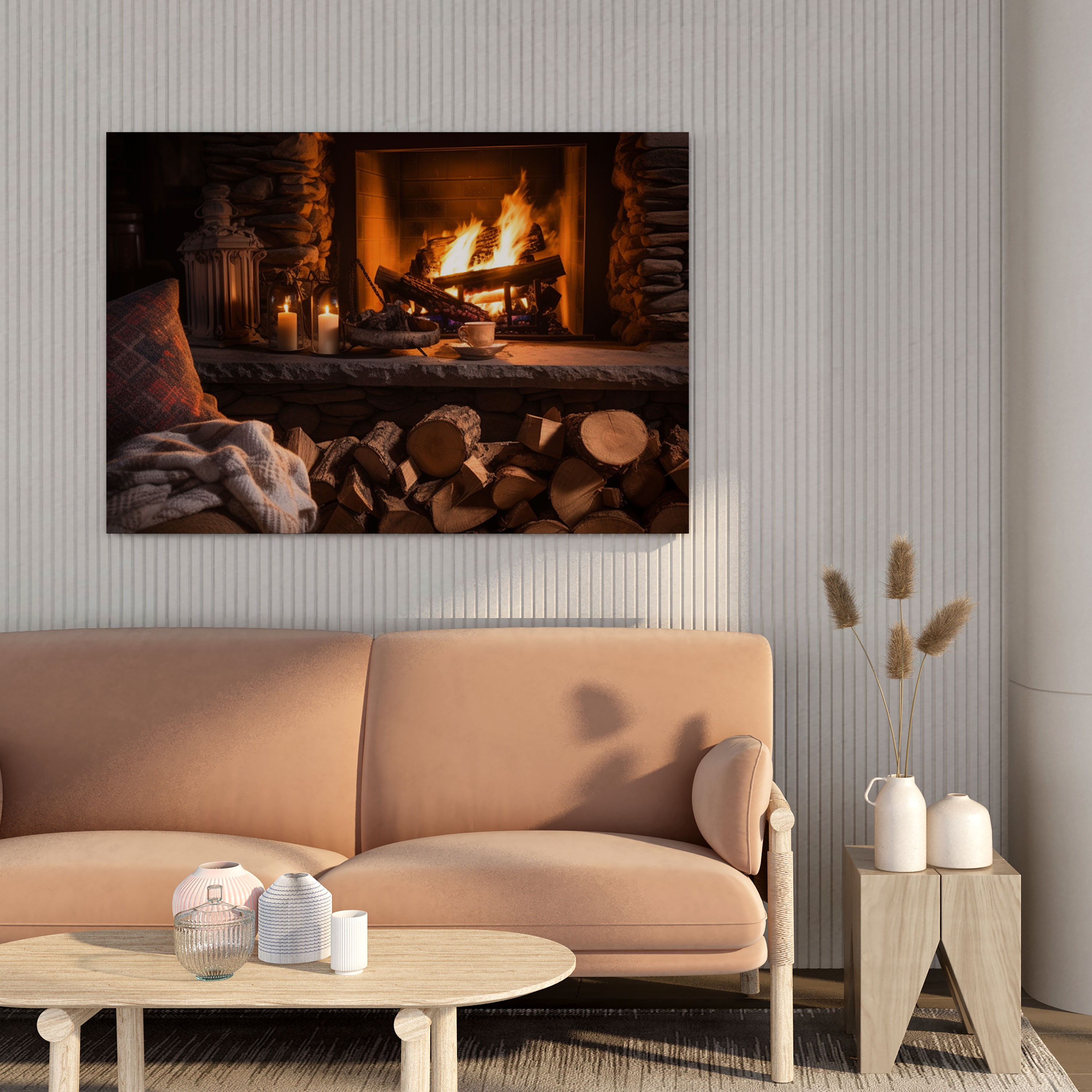 Rustic Fireplace Wall Decoration - Rustic, Cozy Blankets, Stacked Logs, Fireplace