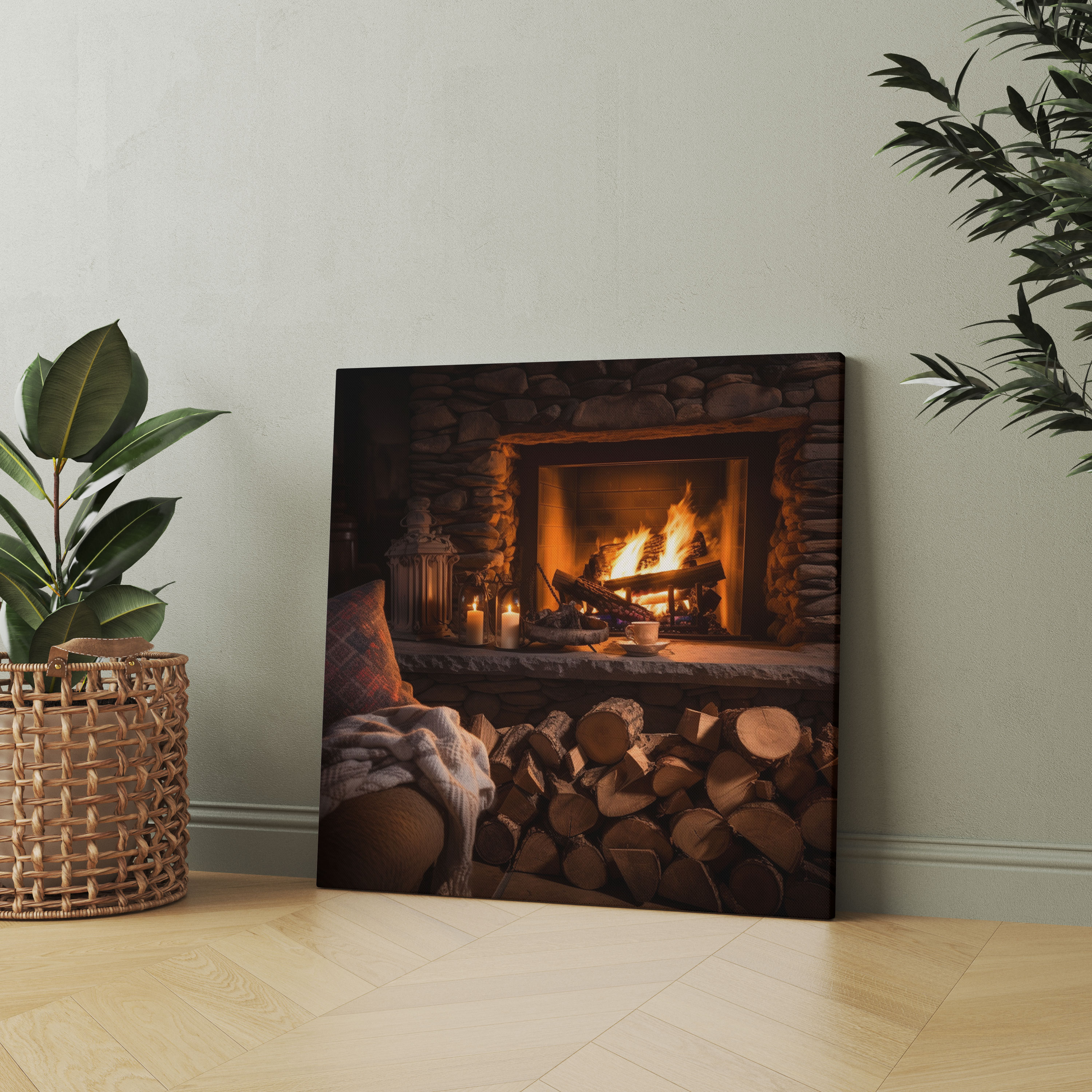 Rustic Fireplace Wall Decoration - Rustic, Cozy Blankets, Stacked Logs, Fireplace