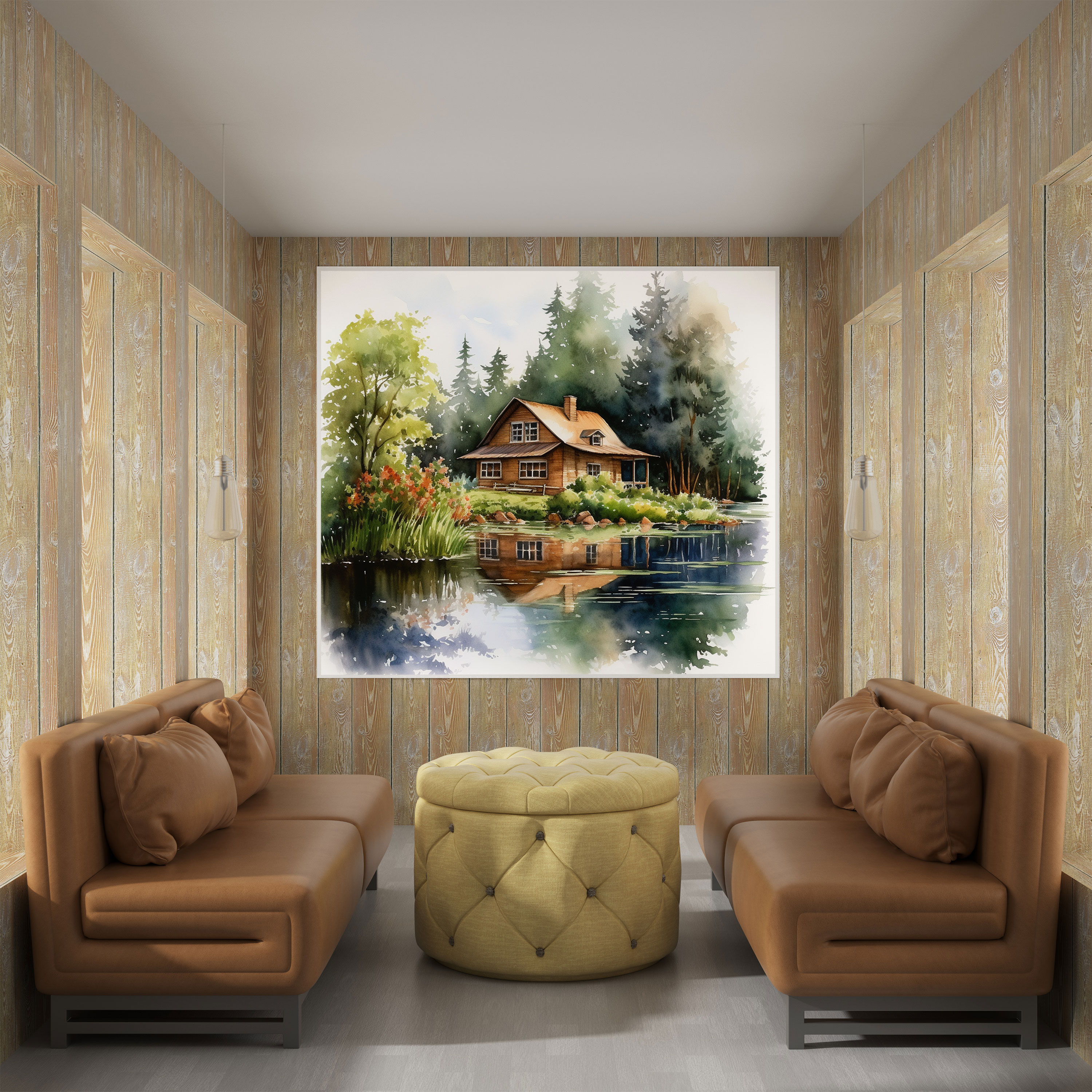 Country Lake House Kanvas Tablo - Rustik Kanvas Tablo Huzurlu Kulübe Sakin