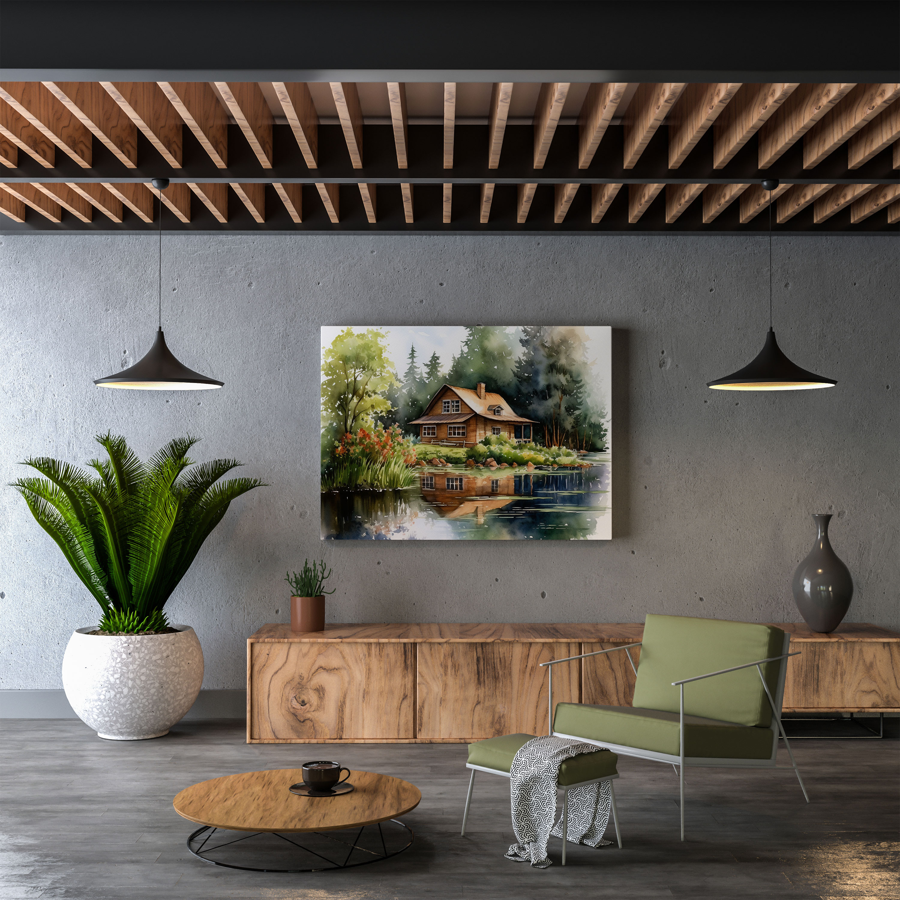 Country Lake House Kanvas Tablo - Rustik Kanvas Tablo Huzurlu Kulübe Sakin