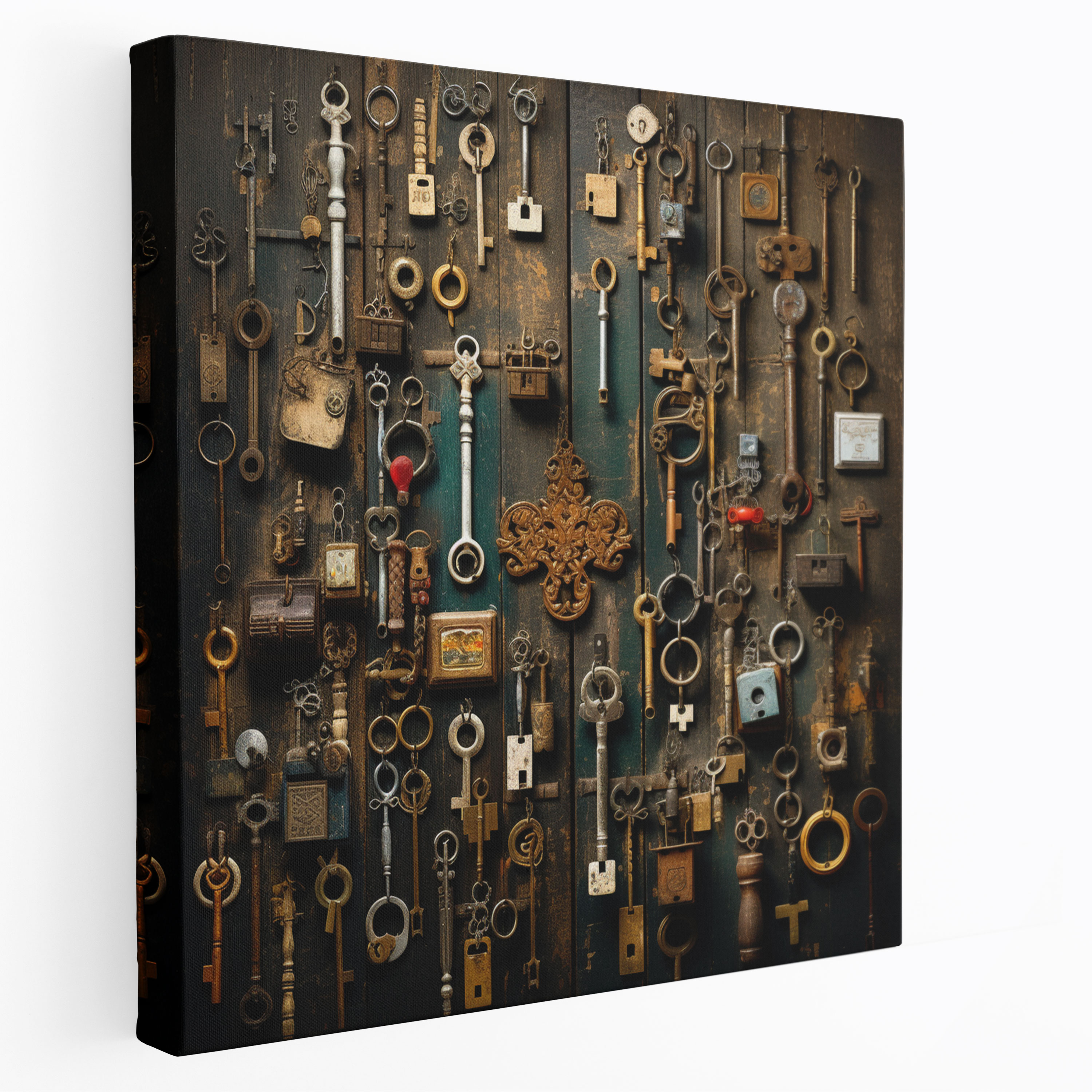 Rustic Keys And Locks Wall Decoration - Rustic, Wooden Doors, Antique Keys, Canvas Wall Art