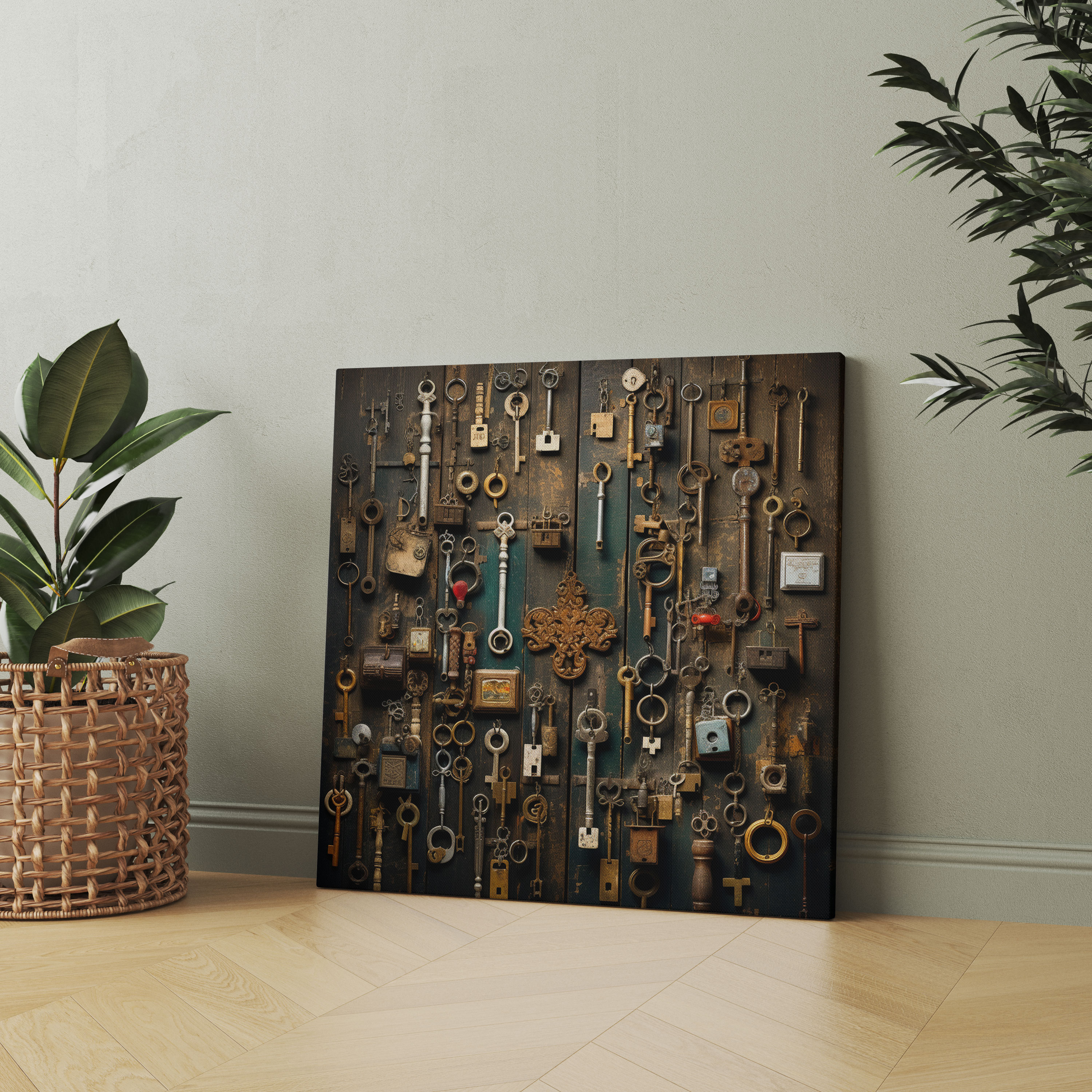 Rustic Keys And Locks Wall Decoration - Rustic, Wooden Doors, Antique Keys, Canvas Wall Art
