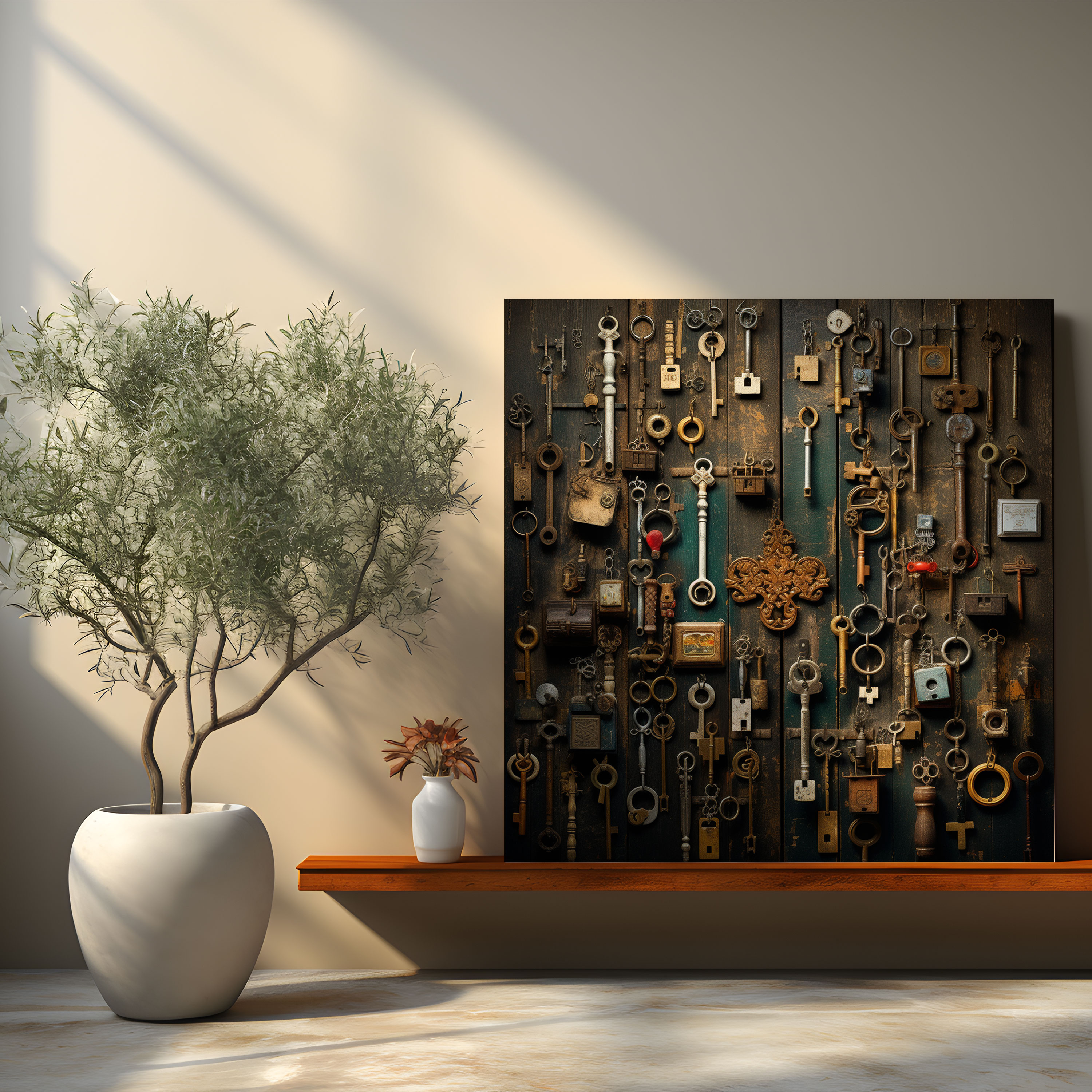 Rustic Keys And Locks Wall Decoration - Rustic, Wooden Doors, Antique Keys, Canvas Wall Art