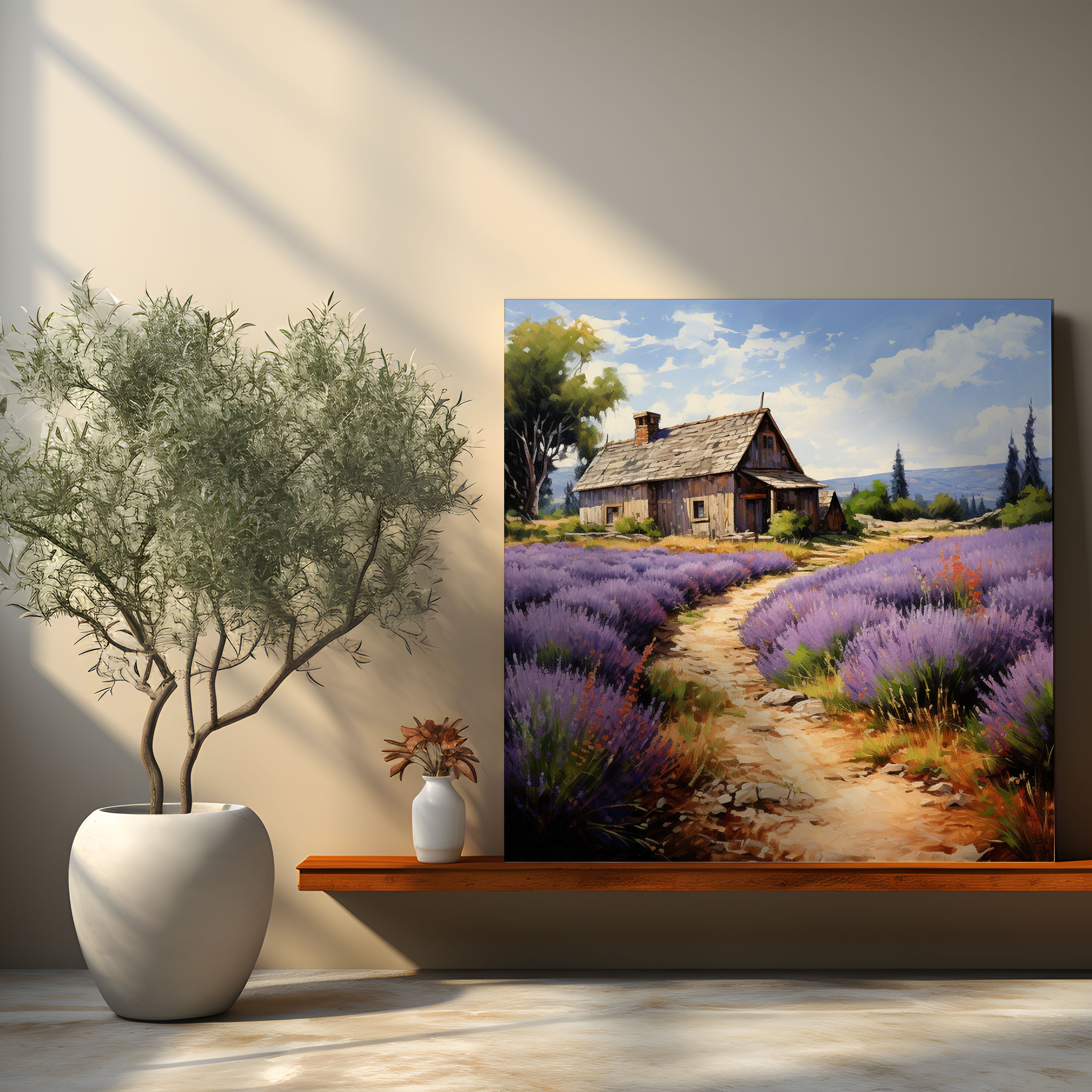 Rustic Lavender Farm Canvas Print - Barn With Stone Pathway Wall Art - Rustic, Blooming Lavender, Rustic, Barn