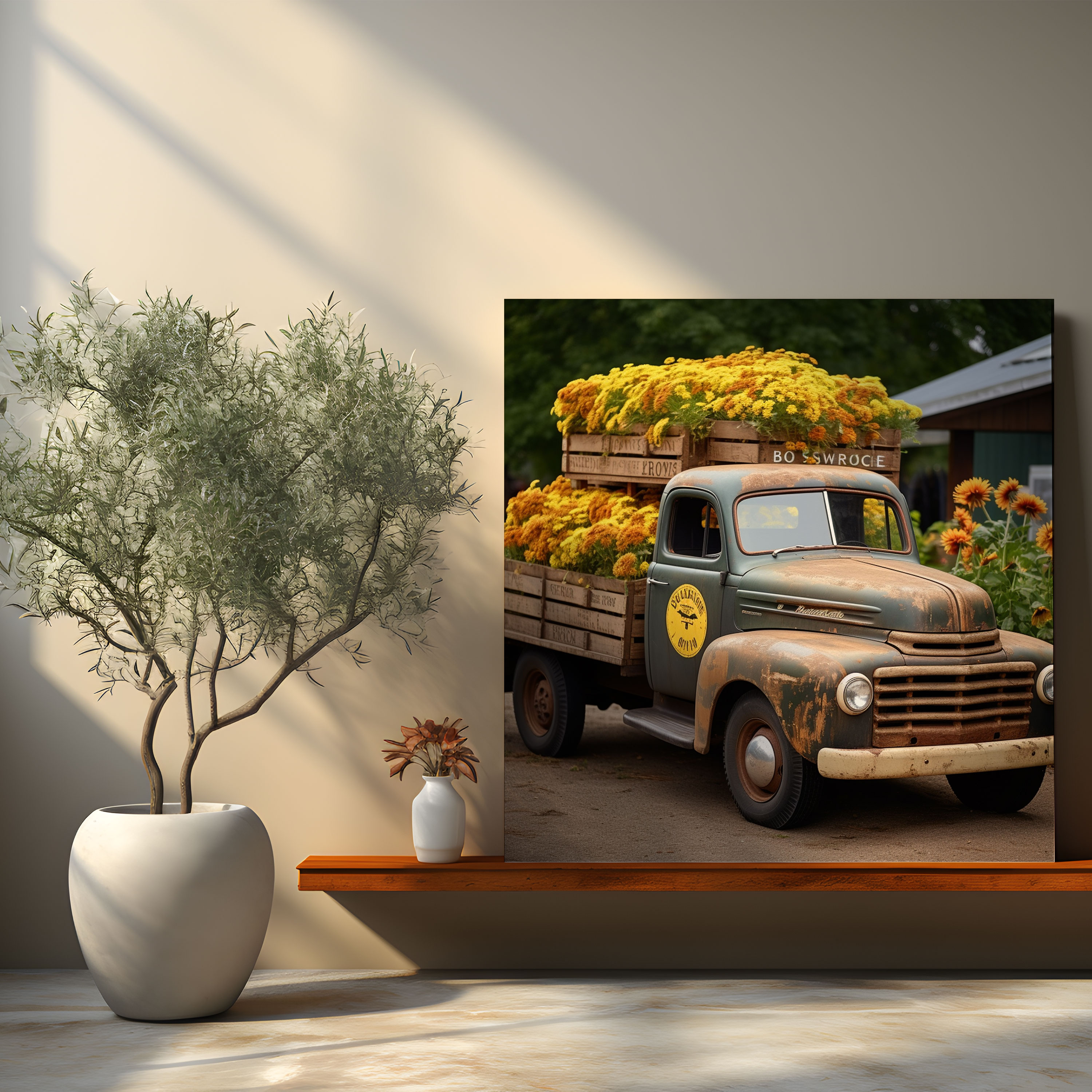 Rustic Pickup Truck Wall Art - Vintage Wooden Sign Canvas Print - Rustic, Vintage, Fresh Sunflowers, Rustic