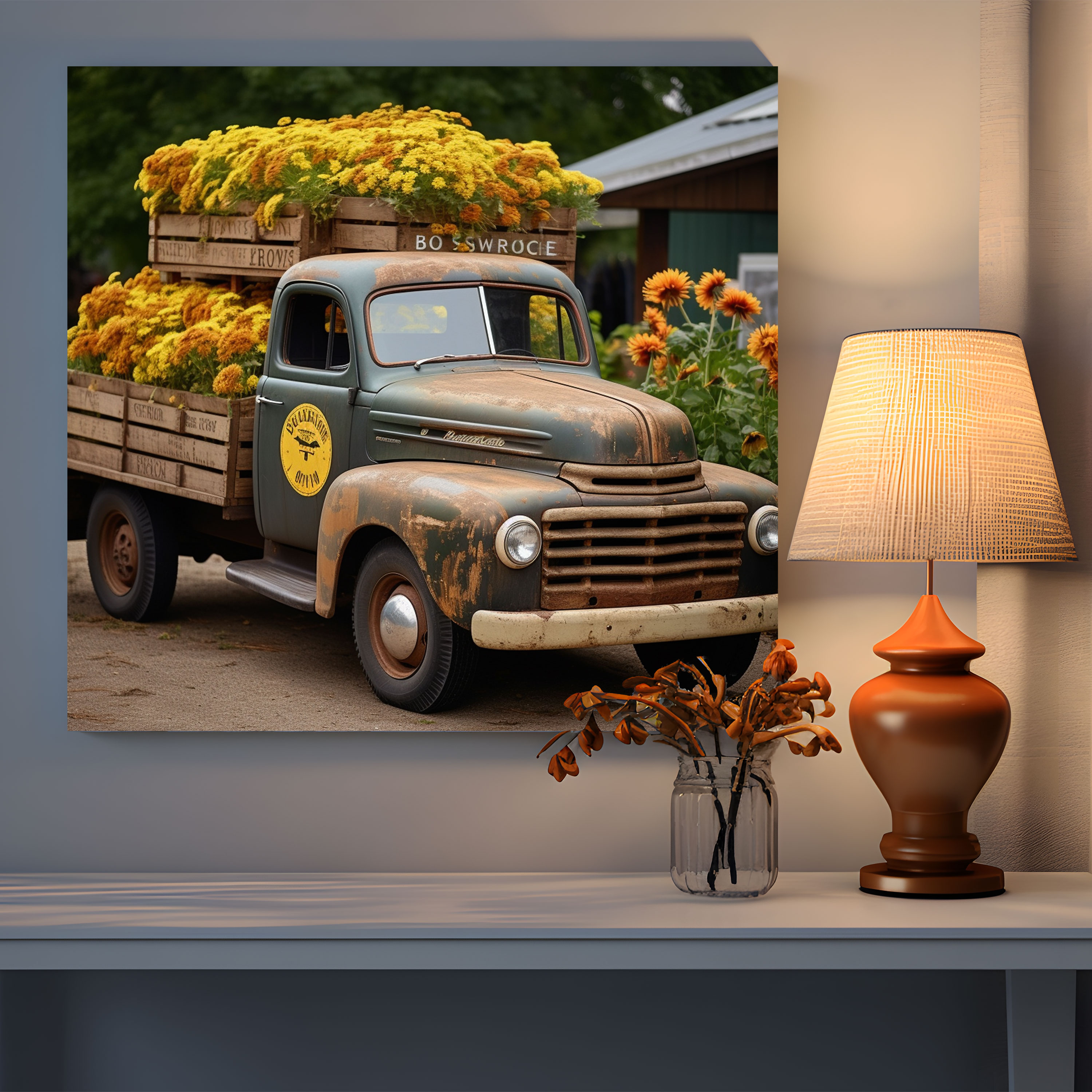Rustic Pickup Truck Wall Art - Vintage Wooden Sign Canvas Print - Rustic, Vintage, Fresh Sunflowers, Rustic