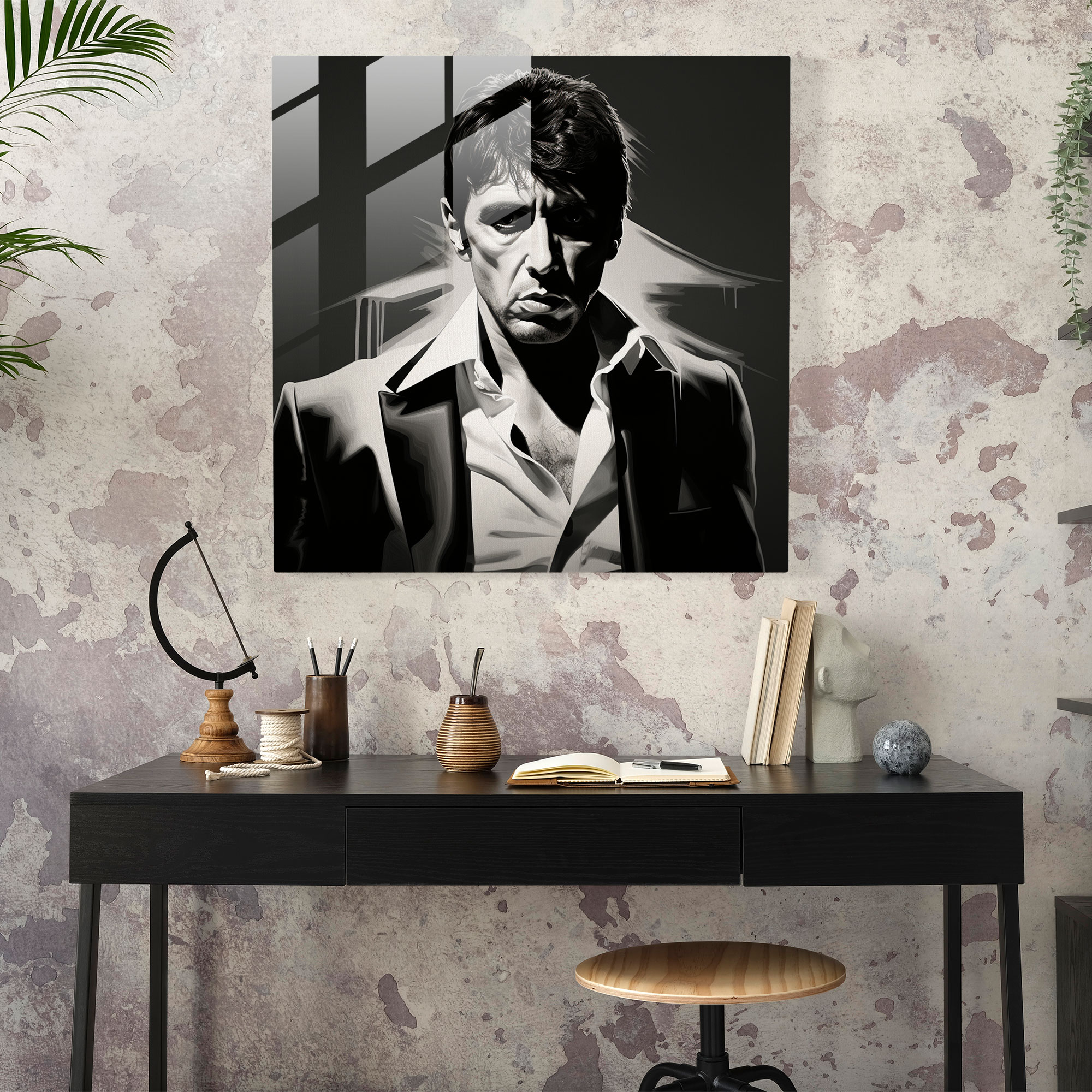 Scarface Moody Portrait Glass Print - Scarface, Home Decoration, Black And White Portrait, Scarface