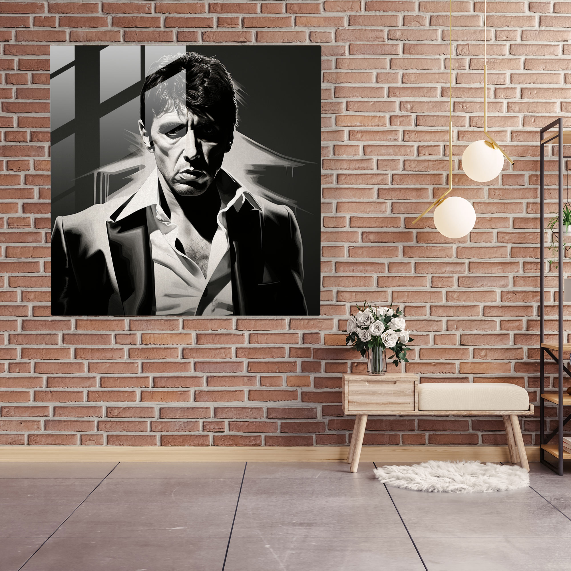 Scarface Moody Portrait Glass Print - Scarface, Home Decoration, Black And White Portrait, Scarface
