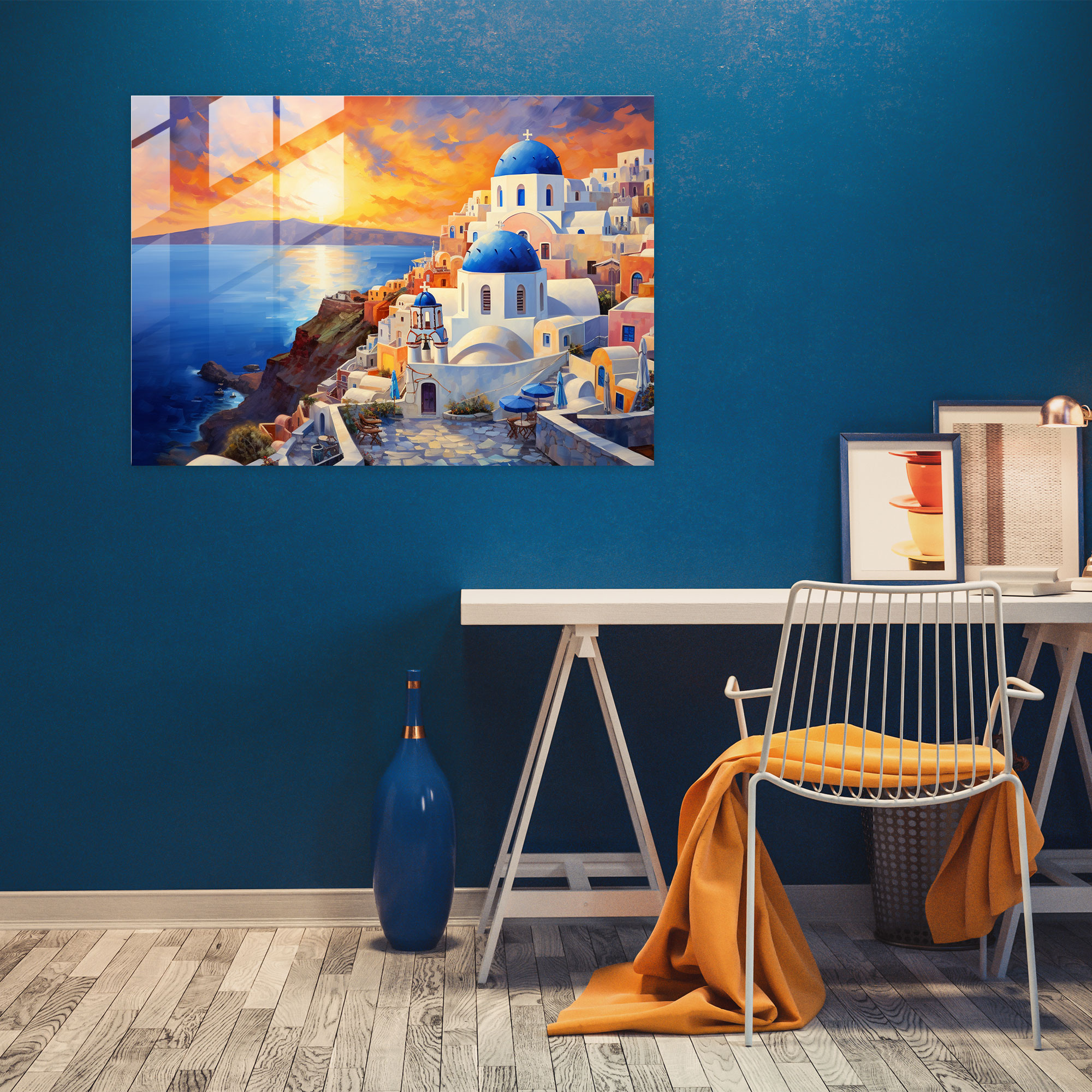 Santorini Glass Print - Sunset Over Blue Domes - Santorini, Wall Decoration, Glass Art, Glass Wall Art