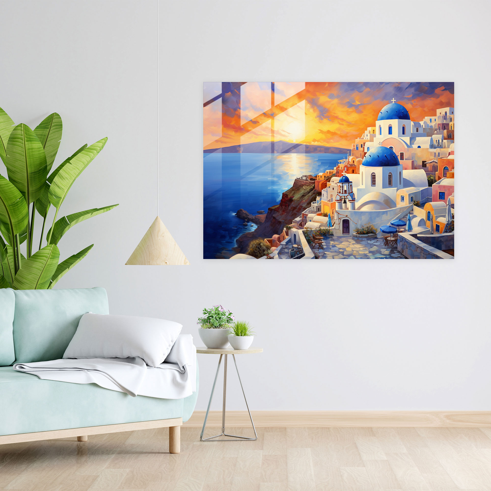 Santorini Glass Print - Sunset Over Blue Domes - Santorini, Wall Decoration, Glass Art, Glass Wall Art