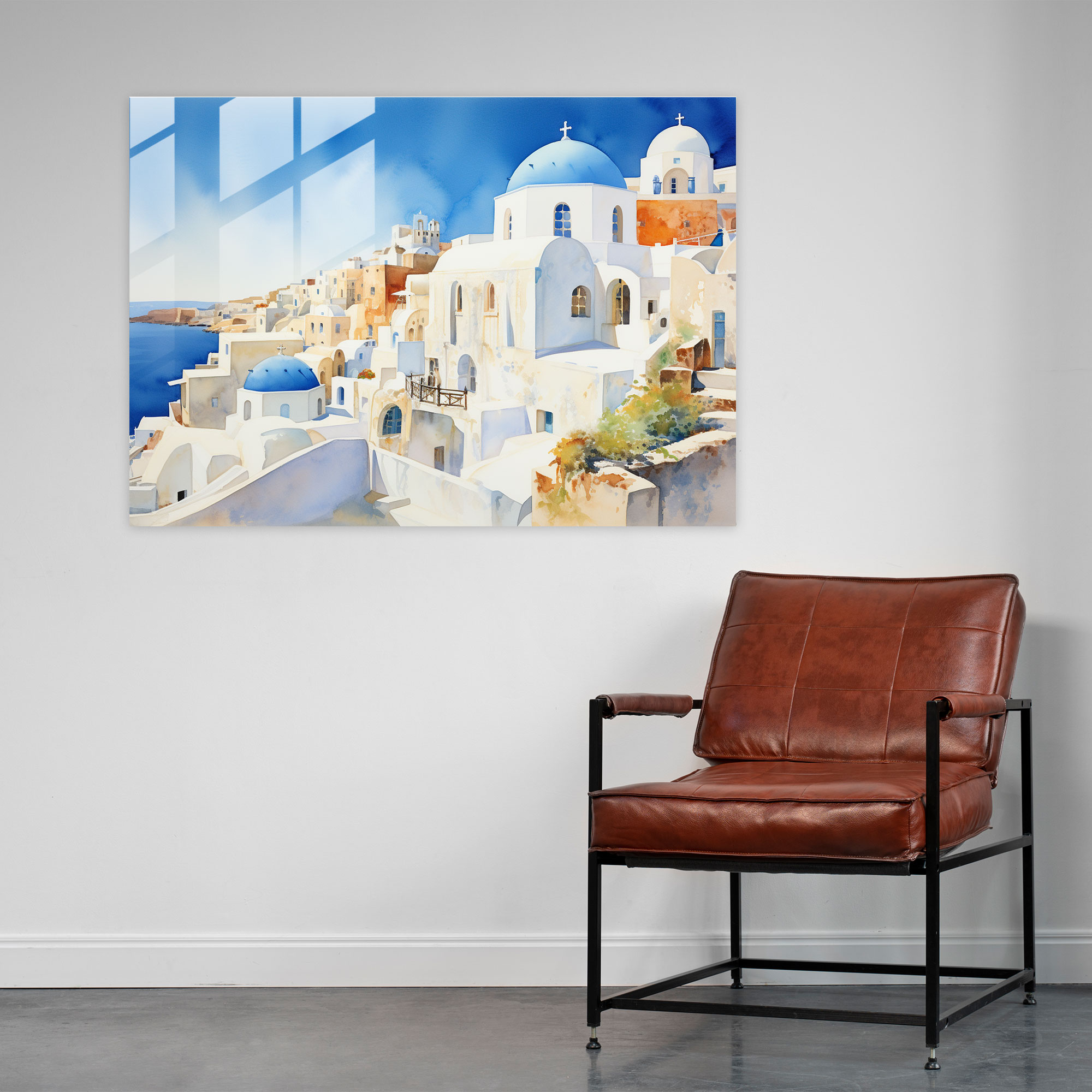 Santorini Glasbild - Abstrakte Aquarell - Landschaften Santorini - Glasbild