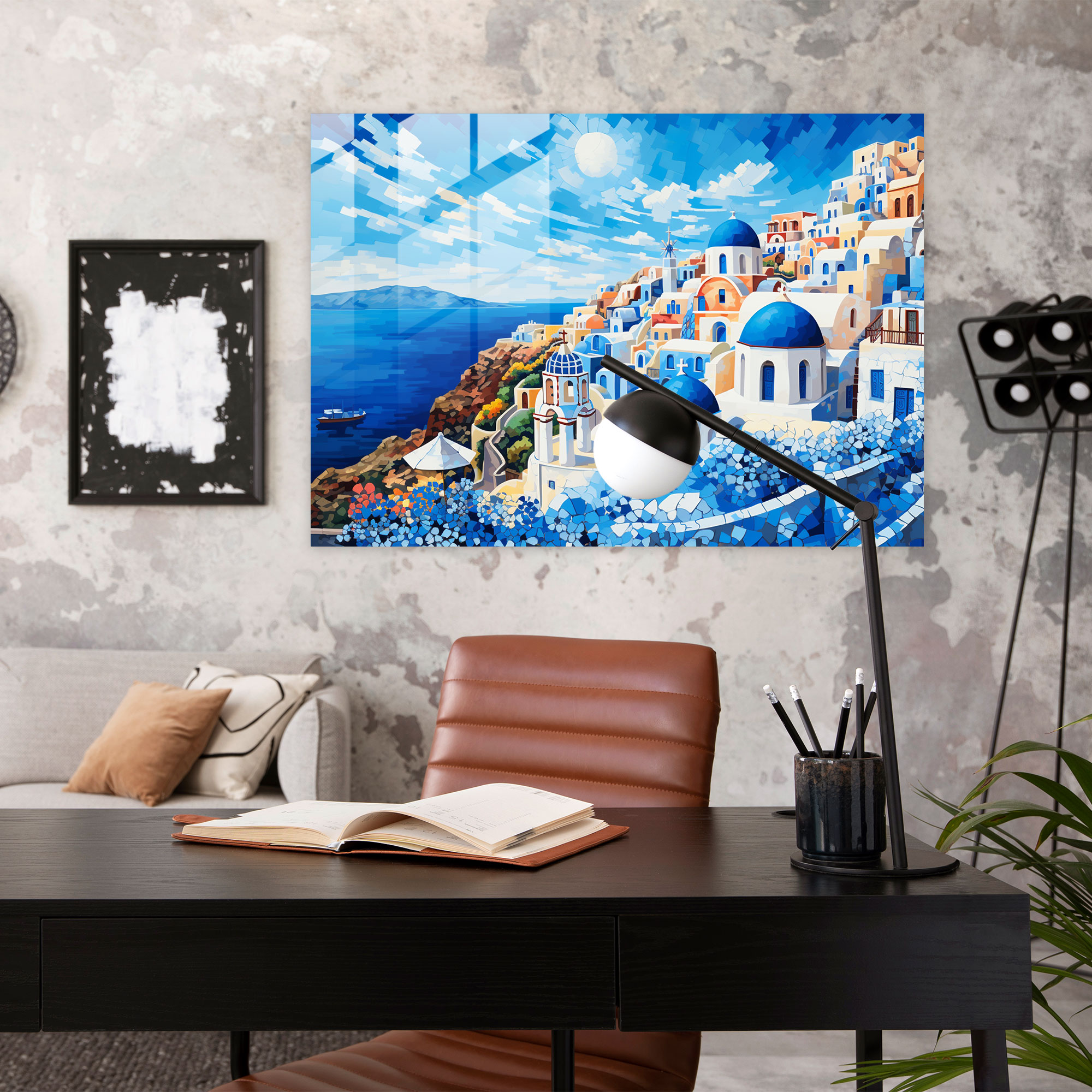 Santorini Glass Art - Mosaic Landmarks - Santorini, Glass Print, Wall Decoration, Vibrant Mosaic Design