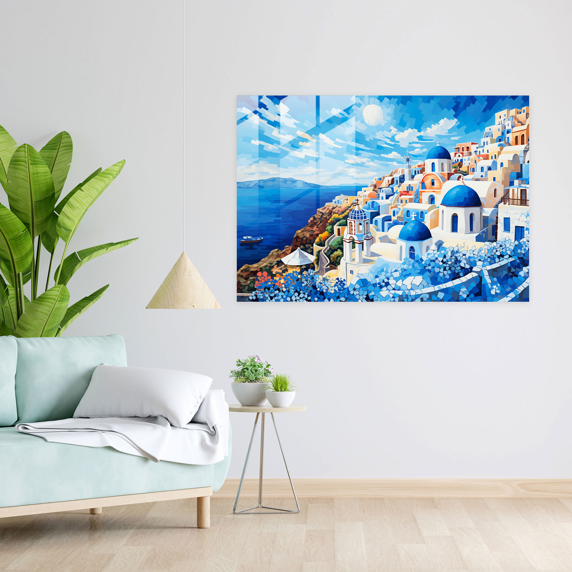 Santorini Glass Art - Mosaic Landmarks - Santorini, Glass Print, Wall Decoration, Vibrant Mosaic Design