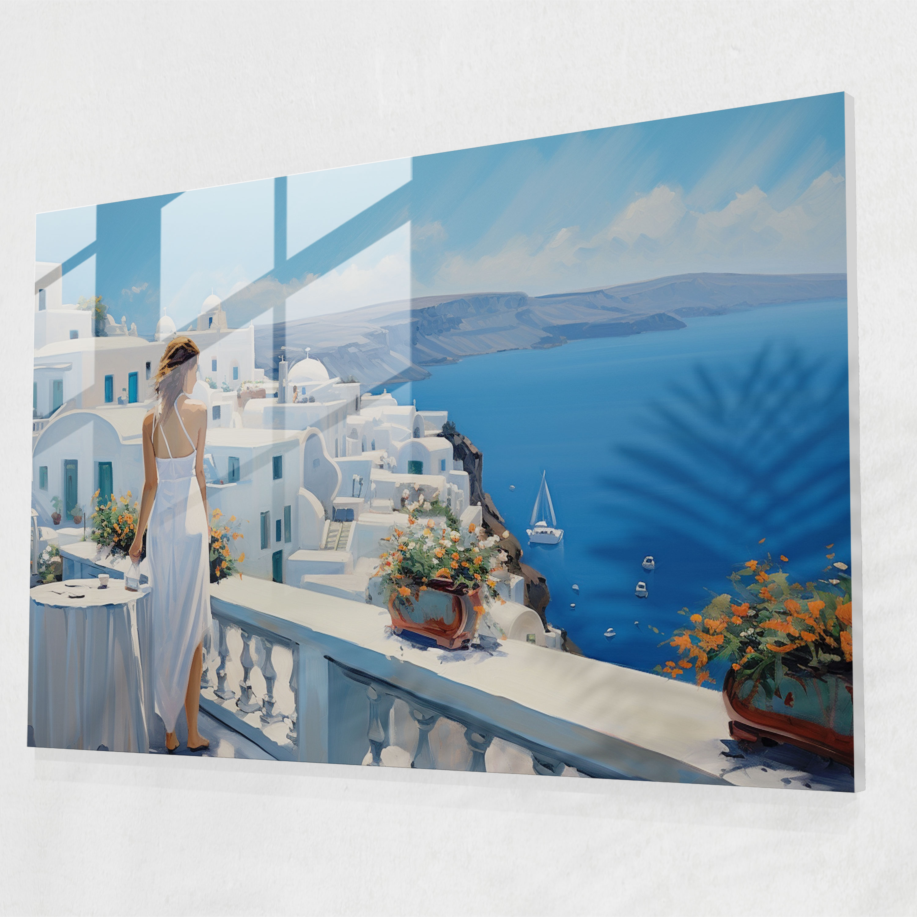 Santorini Glasbild - Zeitgenössisches Landschaftsgemälde - Sonnenverwöhnte Schönheit Zeitgenössisches Ölgemälde